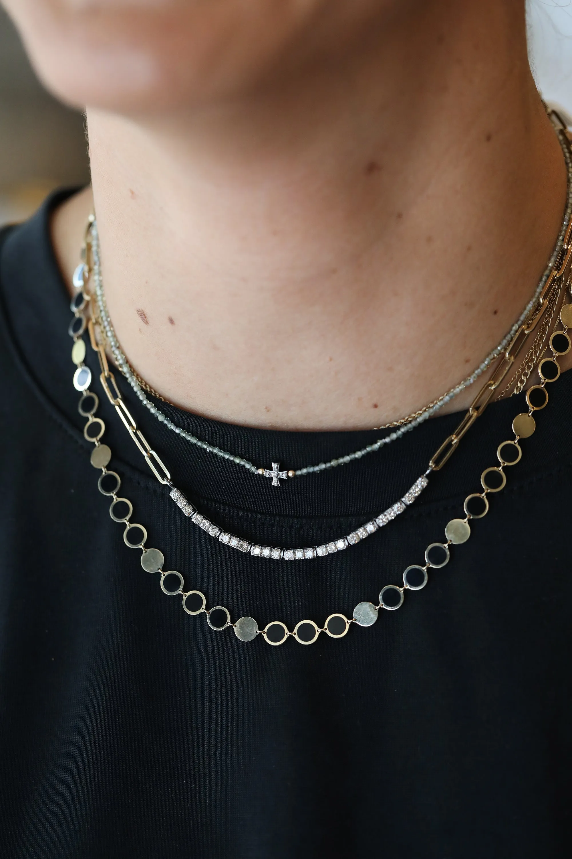 14K Gold Alternating Circle Black Onyx Inlay Disco Chain