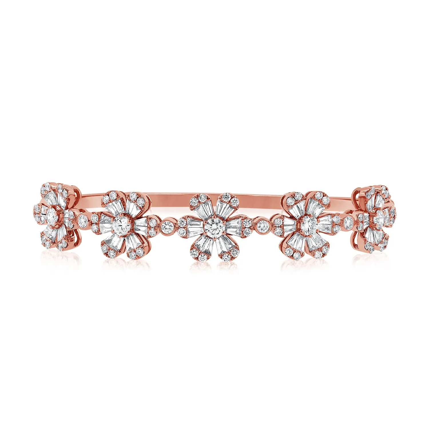 14K Gold & Diamond 5-Station Flower Bangle - 3.22ct