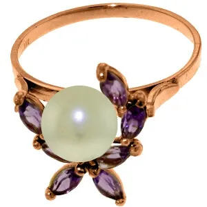 14K Solid Rose Gold Ring w/ Natural Amethysts & Pearl