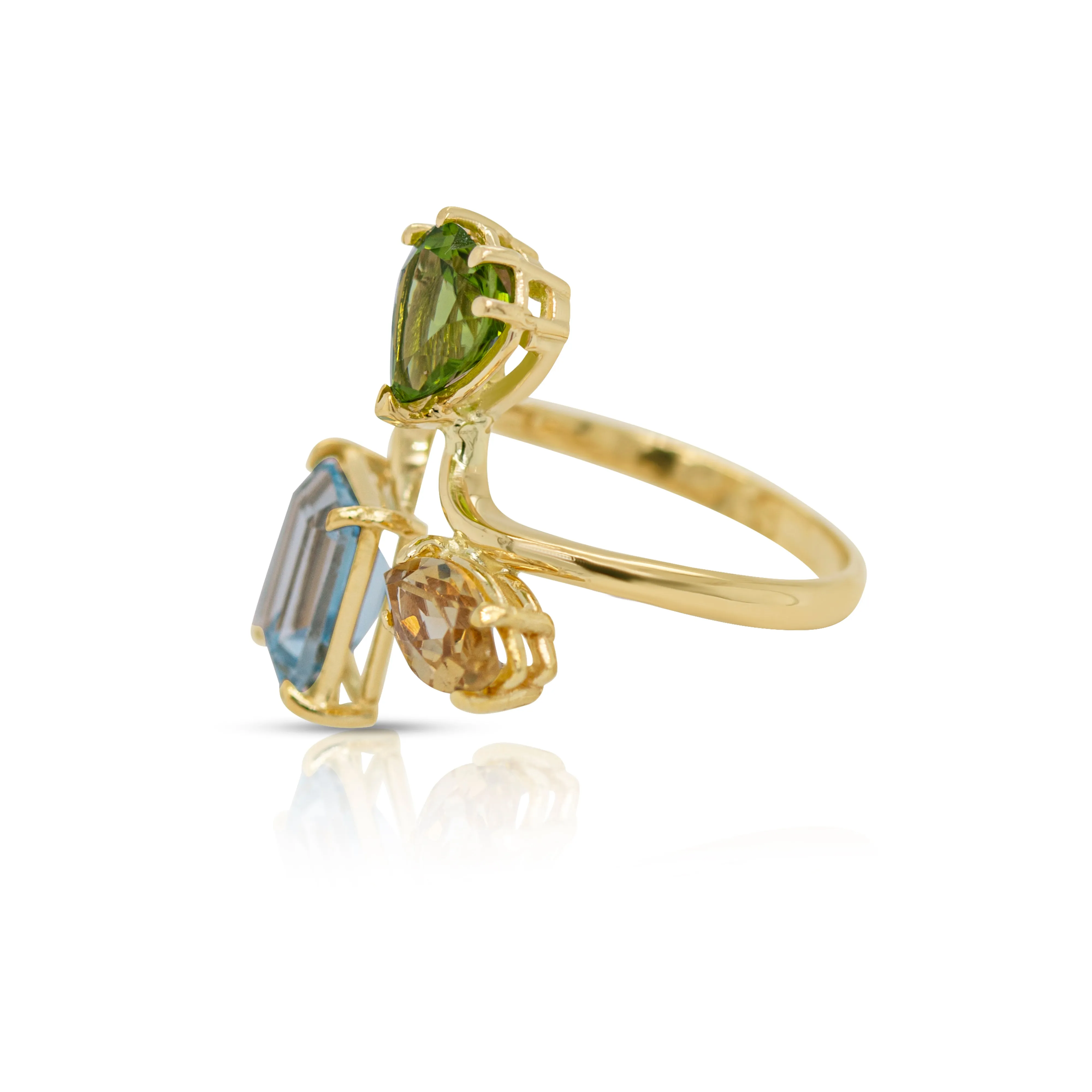 14K Yellow Gold Peridot Heart, Citrine Marquise and Blue Topaz Emerald Cut Gemstones Adjustable Ring