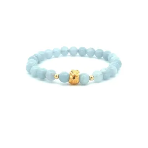 18K Gold Money Bag Lucky Charm Beads Bracelet Gemstones Aquamarine 6mm