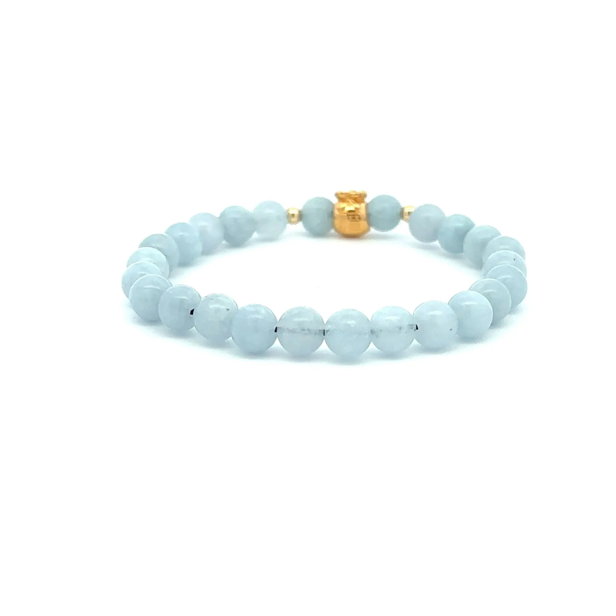 18K Gold Money Bag Lucky Charm Beads Bracelet Gemstones Aquamarine 6mm