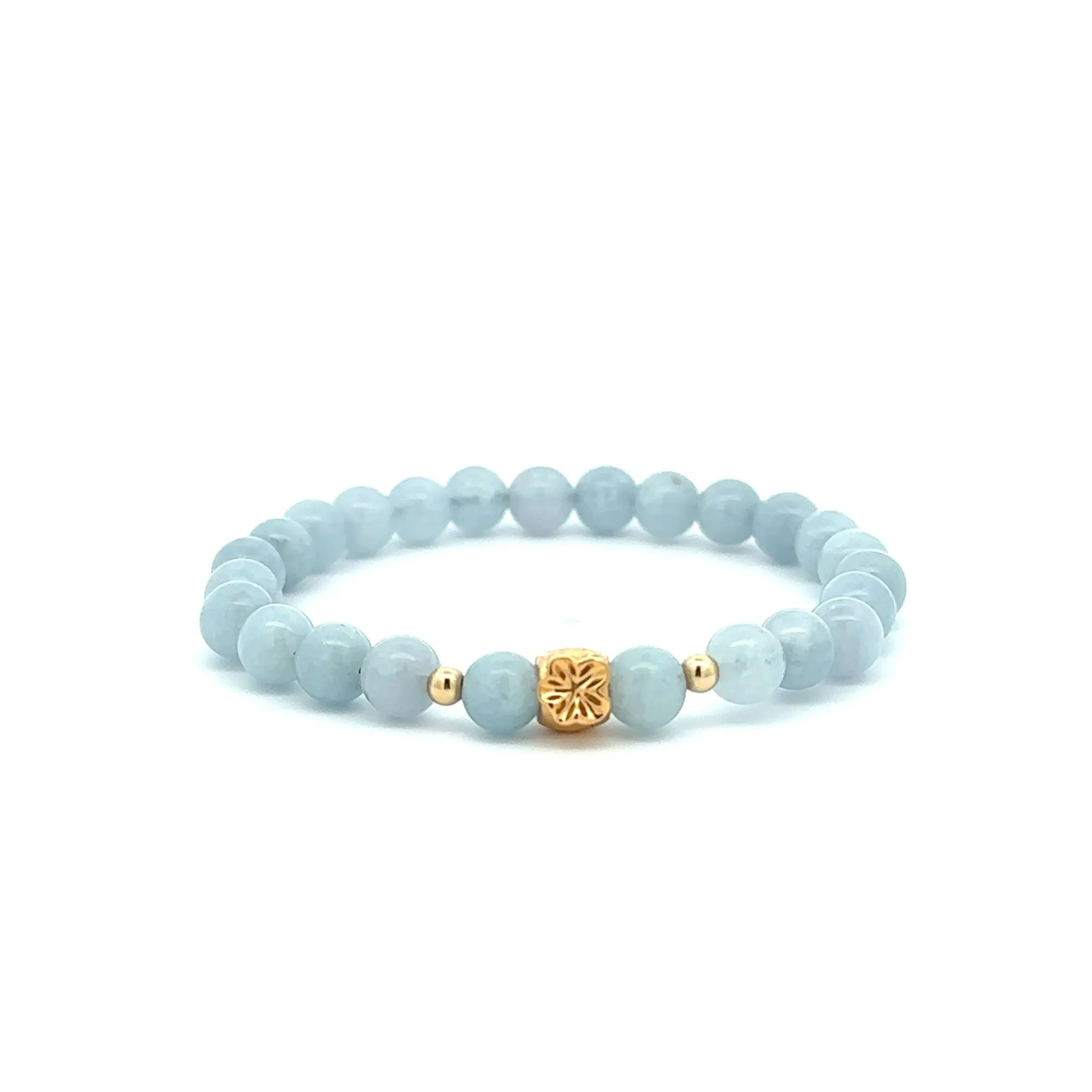 18K Gold Money Bag Lucky Charm Beads Bracelet Gemstones Aquamarine 6mm