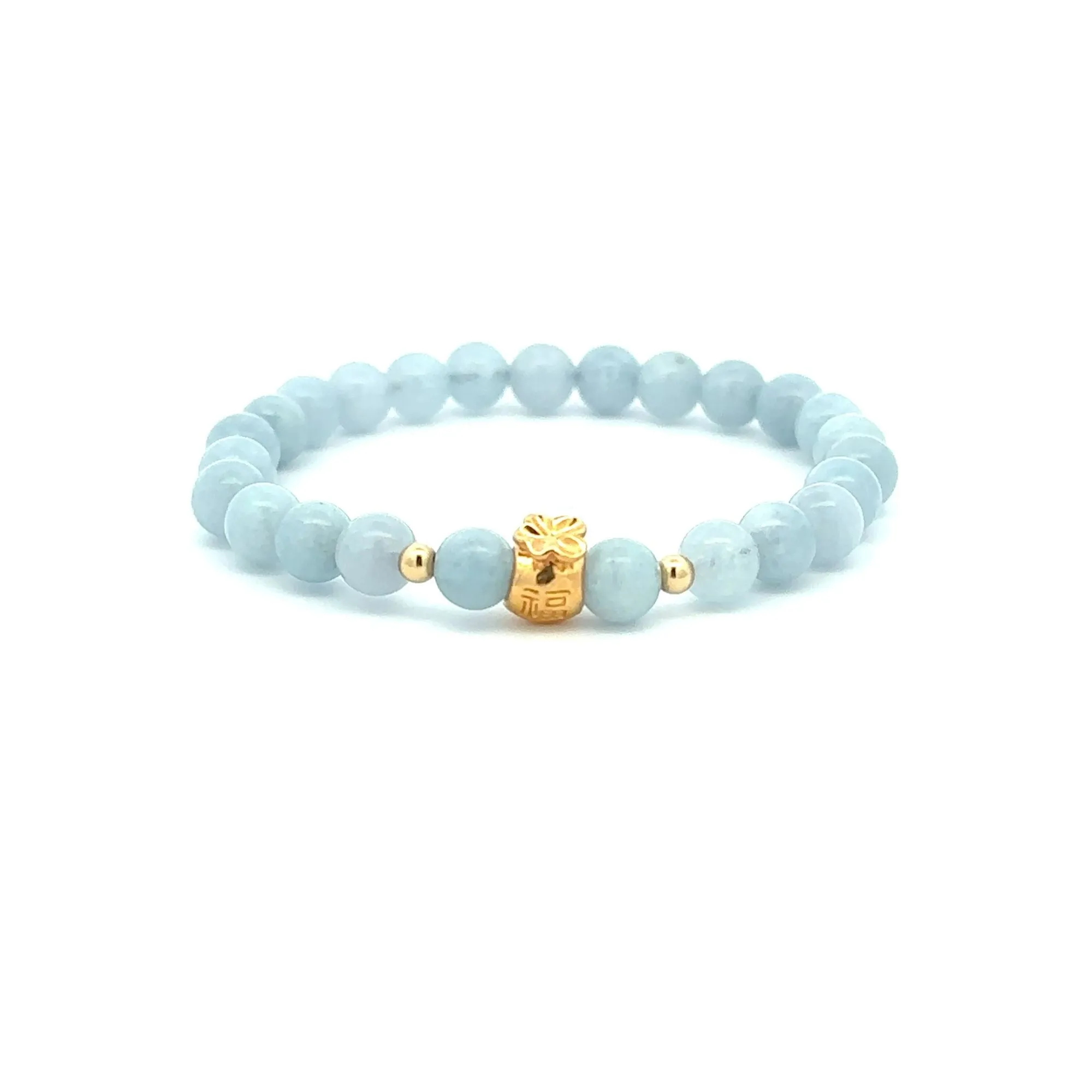 18K Gold Money Bag Lucky Charm Beads Bracelet Gemstones Aquamarine 6mm