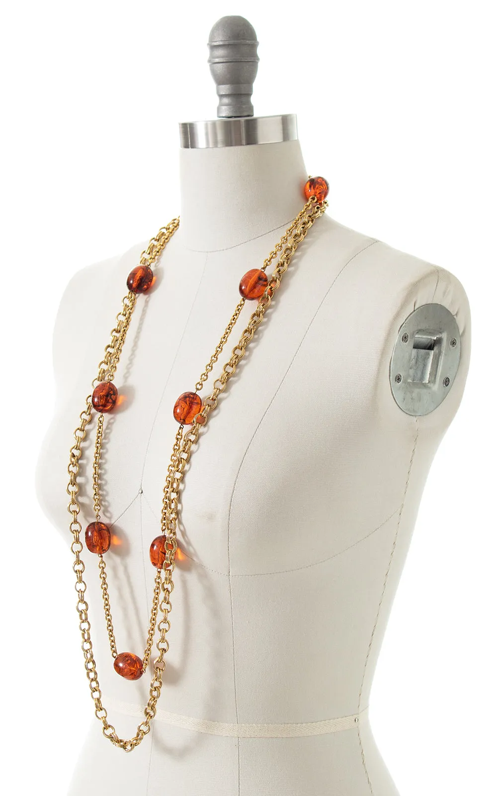 1970s 1980s Double Strand Gold Tone & Faux Amber Necklace