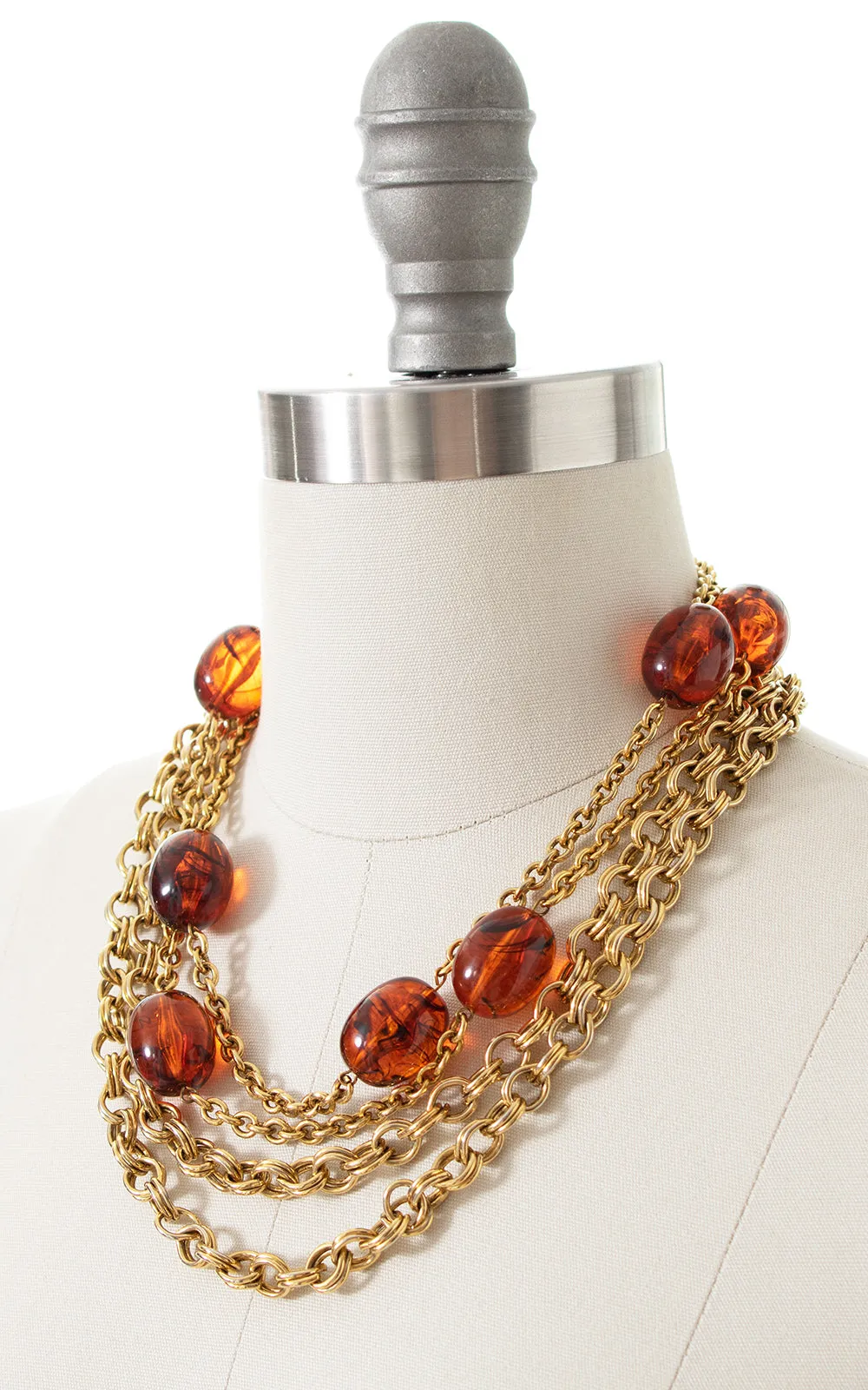 1970s 1980s Double Strand Gold Tone & Faux Amber Necklace
