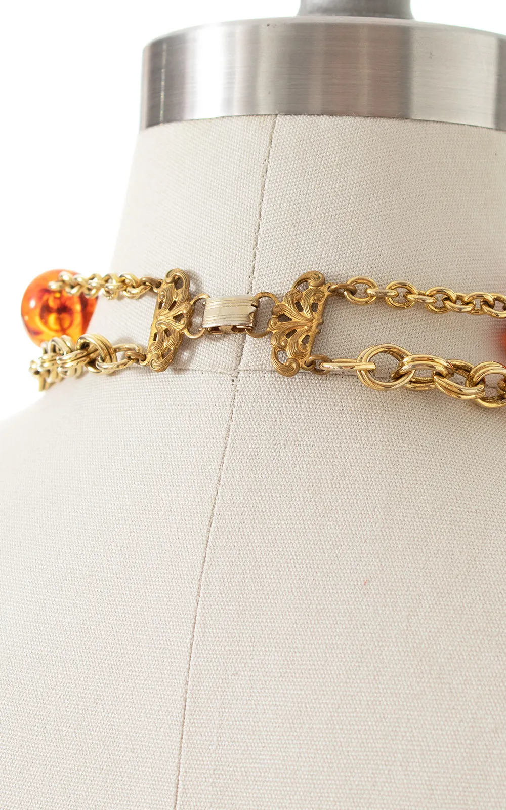 1970s 1980s Double Strand Gold Tone & Faux Amber Necklace