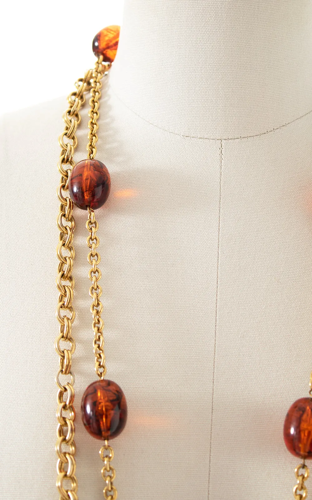 1970s 1980s Double Strand Gold Tone & Faux Amber Necklace