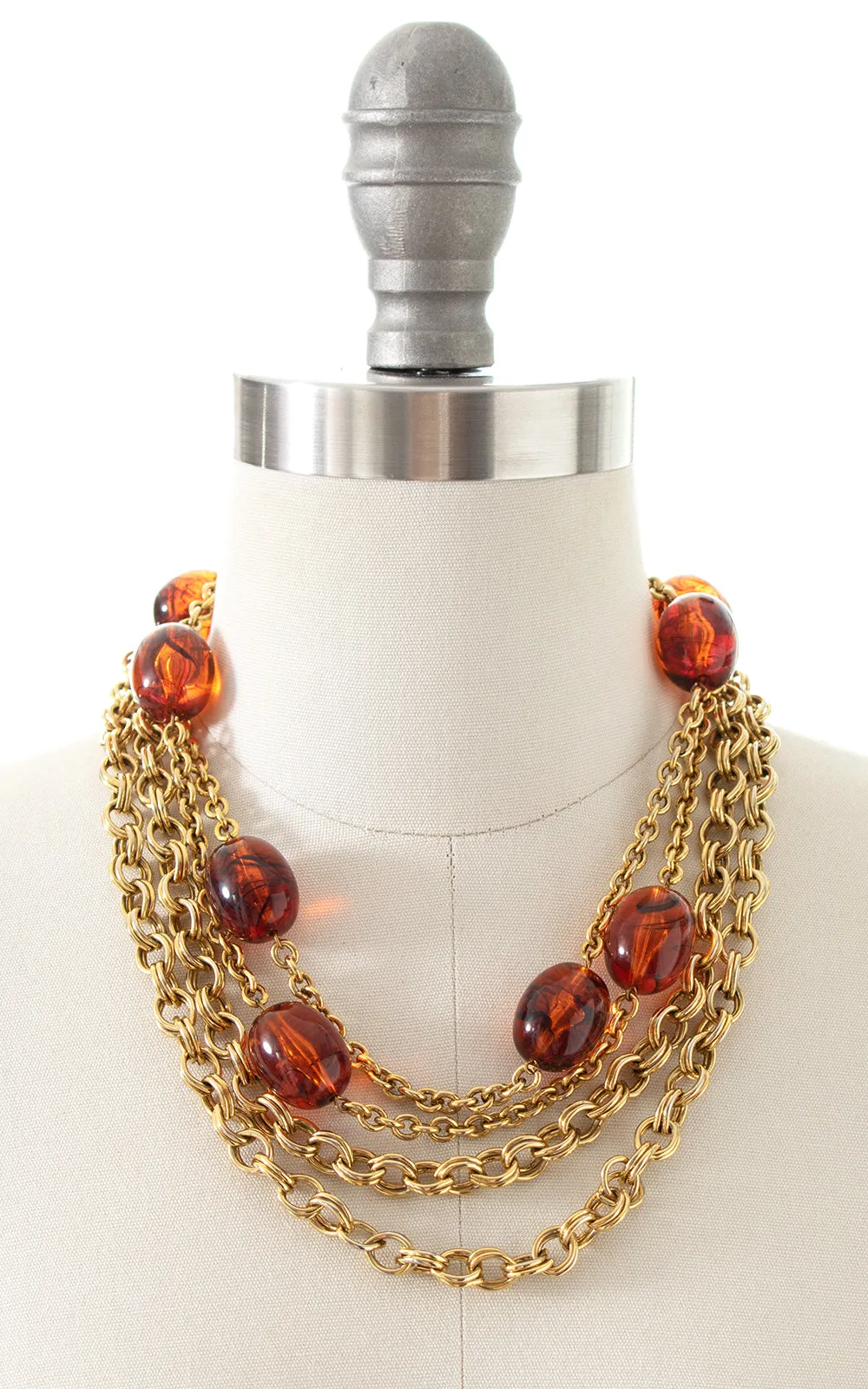 1970s 1980s Double Strand Gold Tone & Faux Amber Necklace