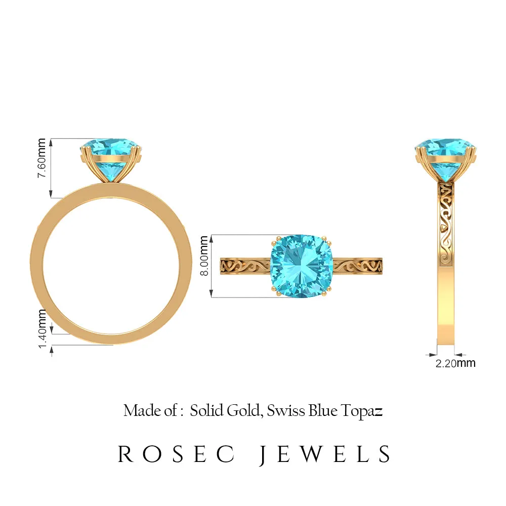 2 CT French Set Swiss Blue Topaz Solitaire Ring