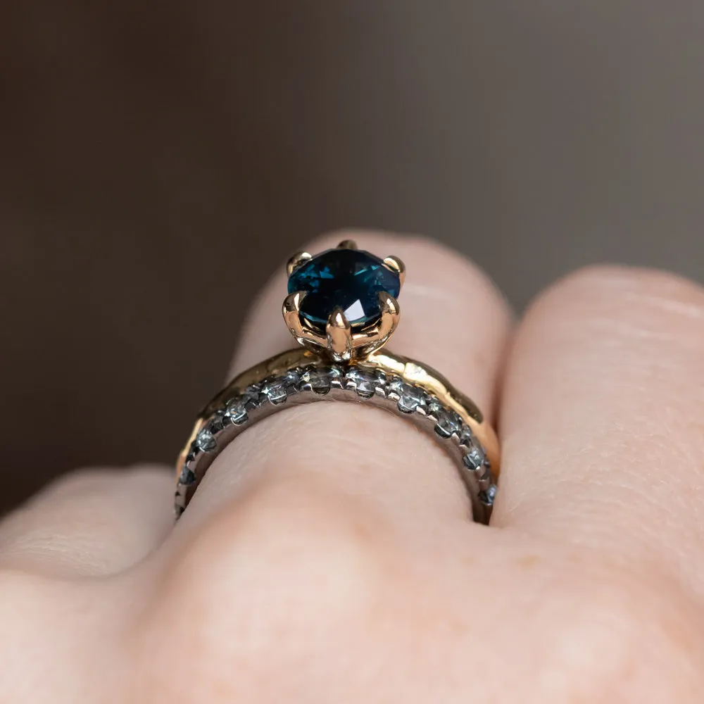 2.06ct Oval Deep Teal Madagascar Sapphire Six Prong Evergreen Solitaire in 14k Yellow Gold
