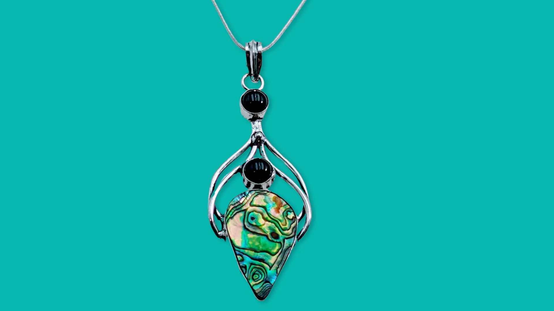 925 Sterling Silver, black Onyx & Abalone shell, Necklace