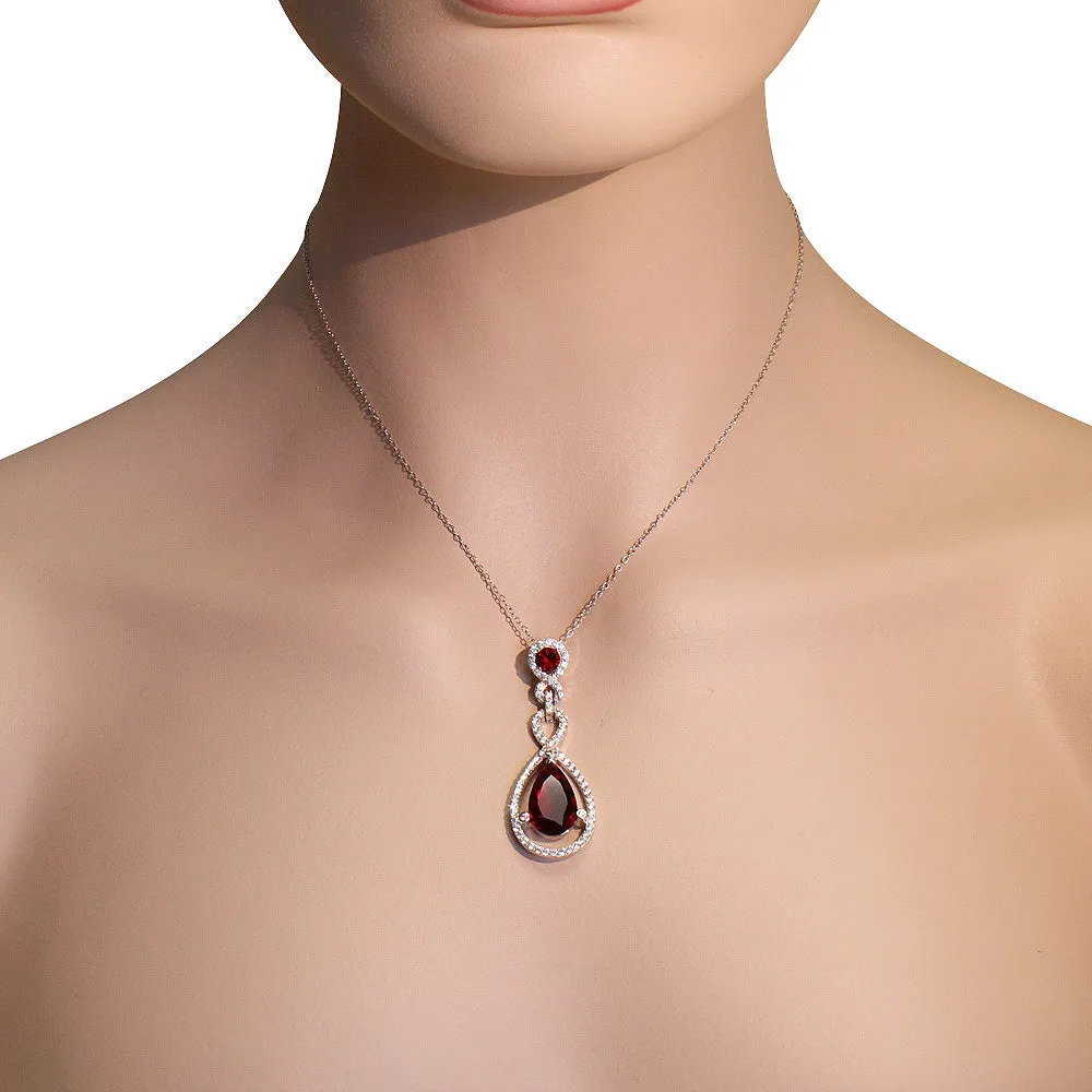 925 Sterling Silver red Ruby-Tone CZ Teardrop Large Statement Pendant Necklace
