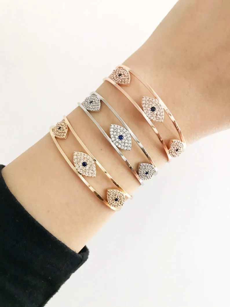 Adjustable Evil Eye Bracelet with Zircon Charm in 3 Colors - Rose Gold, Gold, Silver