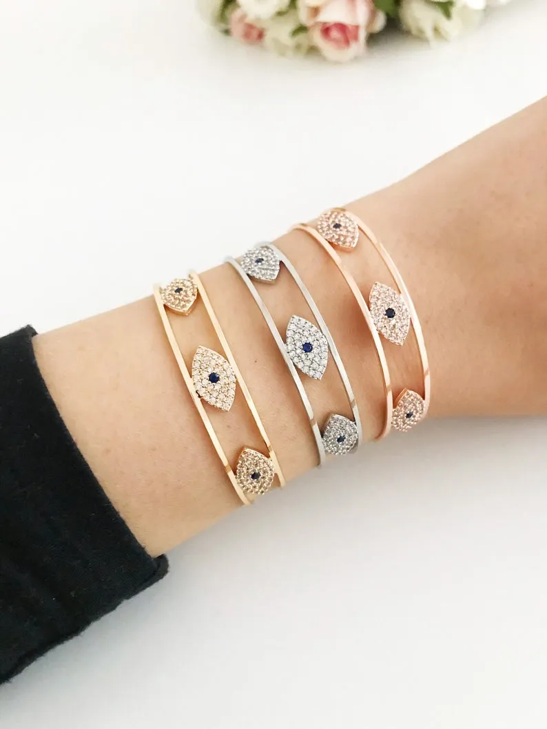 Adjustable Evil Eye Bracelet with Zircon Charm in 3 Colors - Rose Gold, Gold, Silver