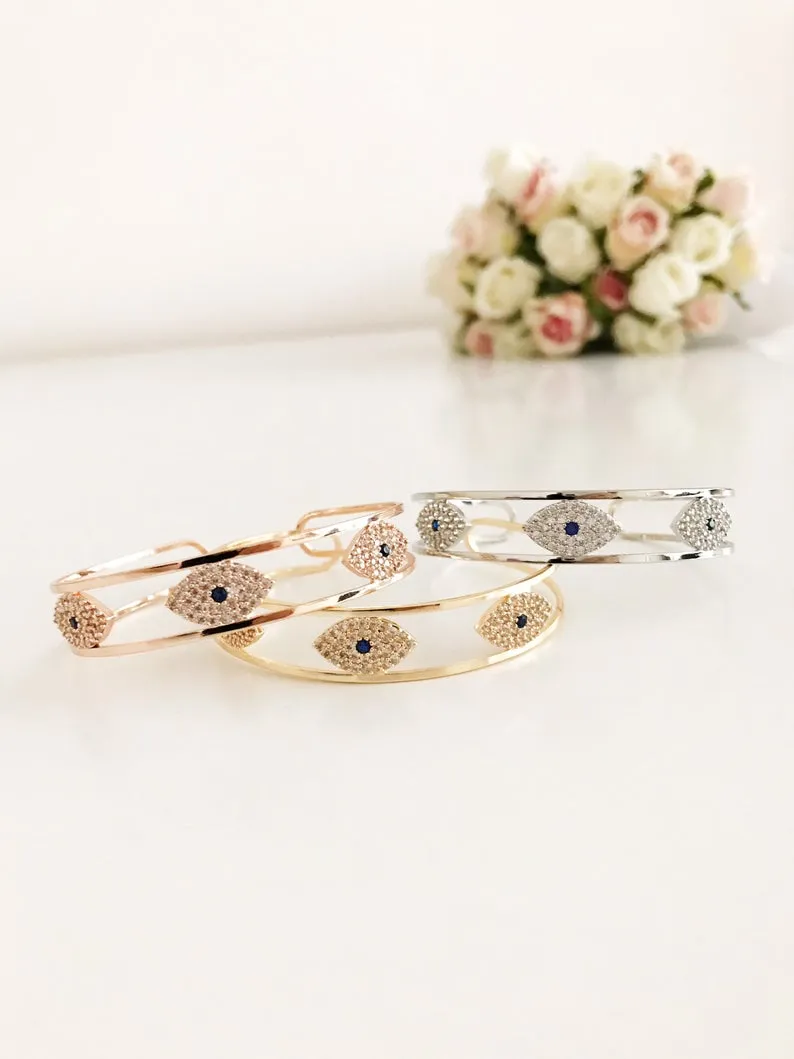 Adjustable Evil Eye Bracelet with Zircon Charm in 3 Colors - Rose Gold, Gold, Silver