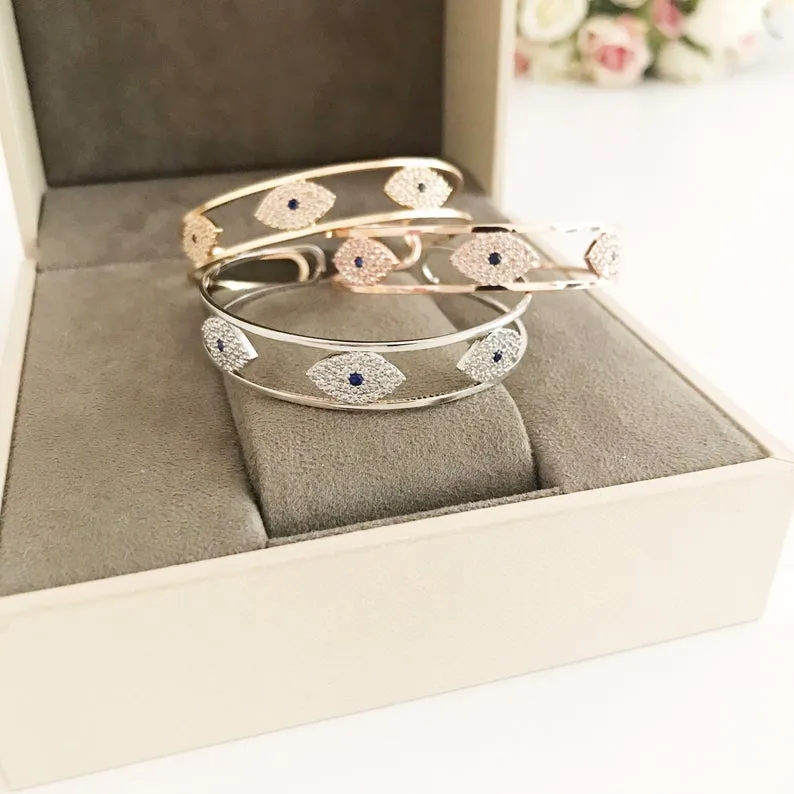 Adjustable Evil Eye Bracelet with Zircon Charm in 3 Colors - Rose Gold, Gold, Silver