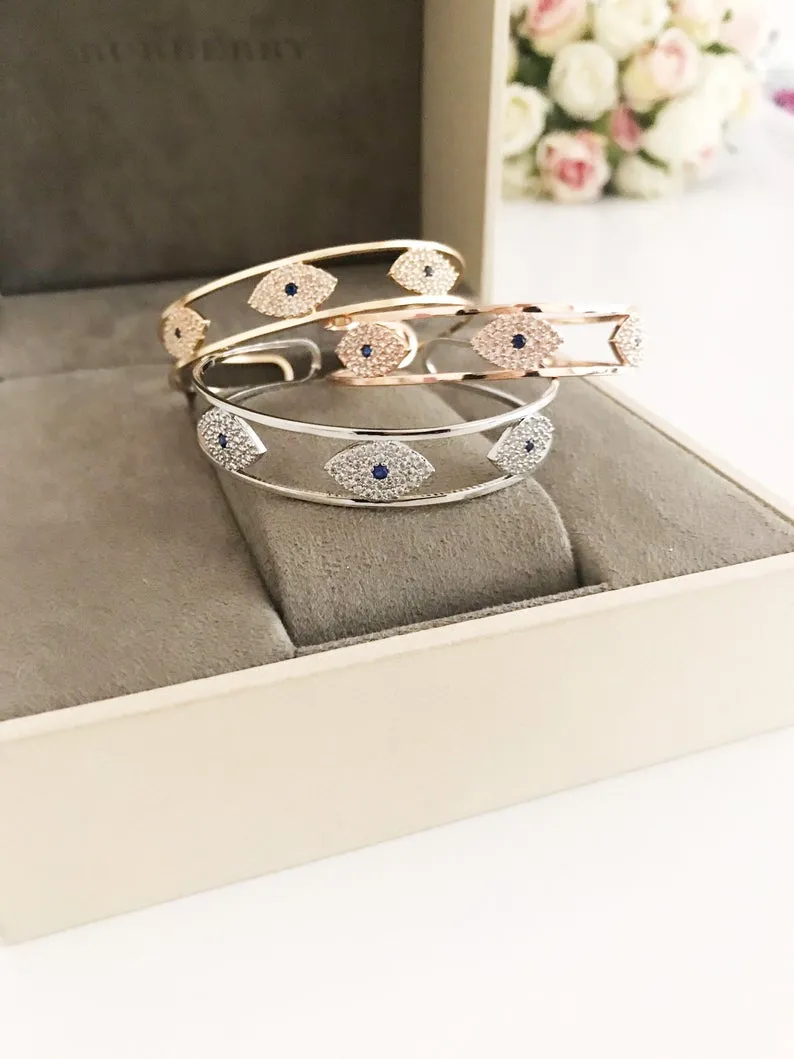 Adjustable Evil Eye Bracelet with Zircon Charm in 3 Colors - Rose Gold, Gold, Silver
