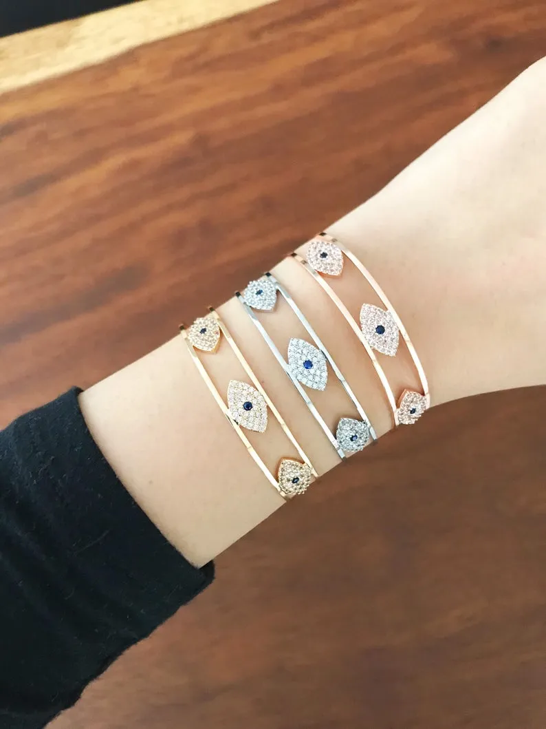 Adjustable Evil Eye Bracelet with Zircon Charm in 3 Colors - Rose Gold, Gold, Silver