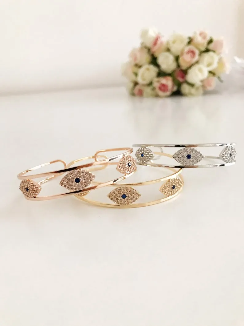 Adjustable Evil Eye Bracelet with Zircon Charm in 3 Colors - Rose Gold, Gold, Silver