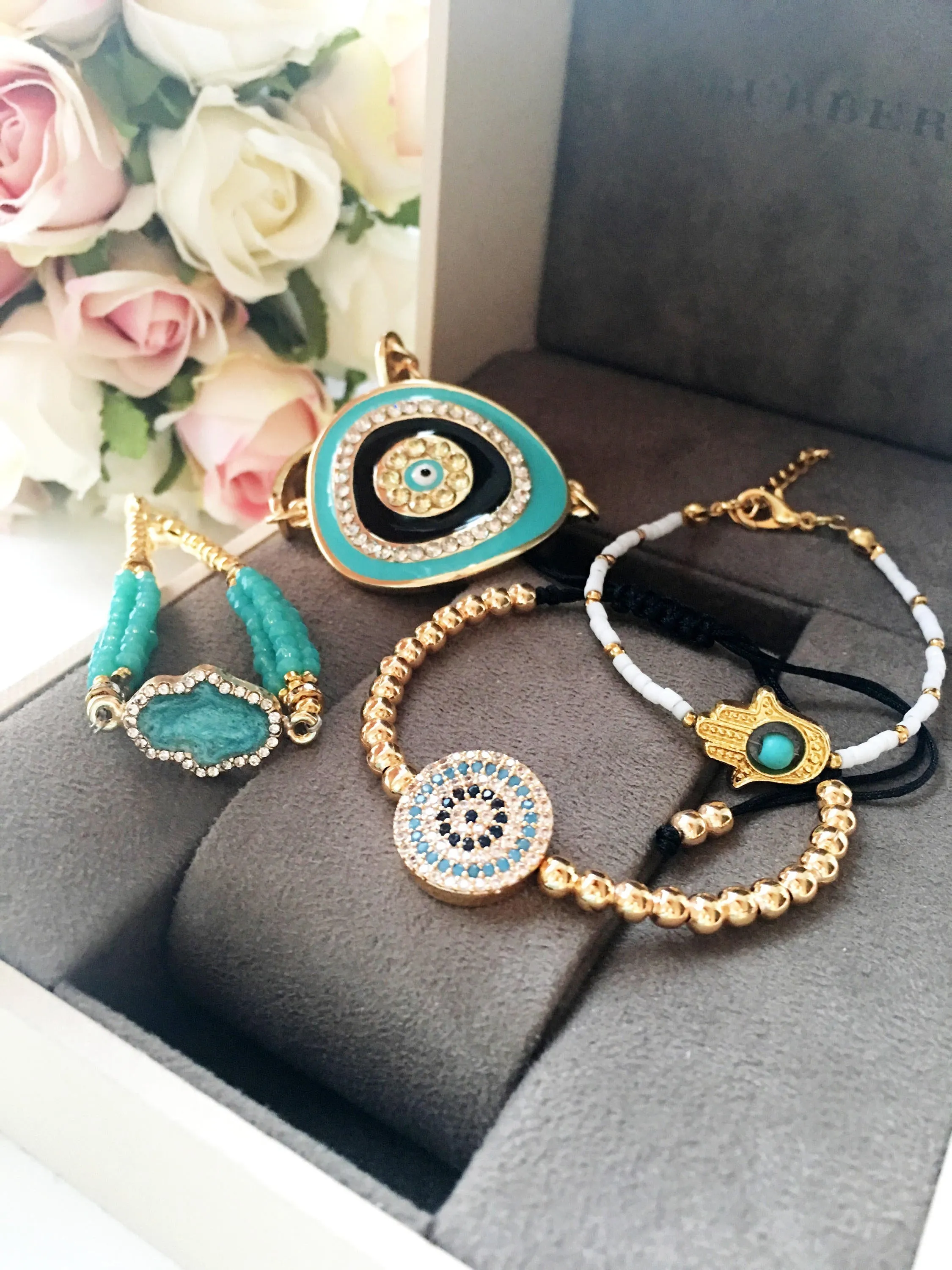 Adjustable Greek Evil Eye Bracelet with Turquoise Beads & Gold - Handmade Stainless Steel Jewelry with Hamsa & Miyuki Seed Beads