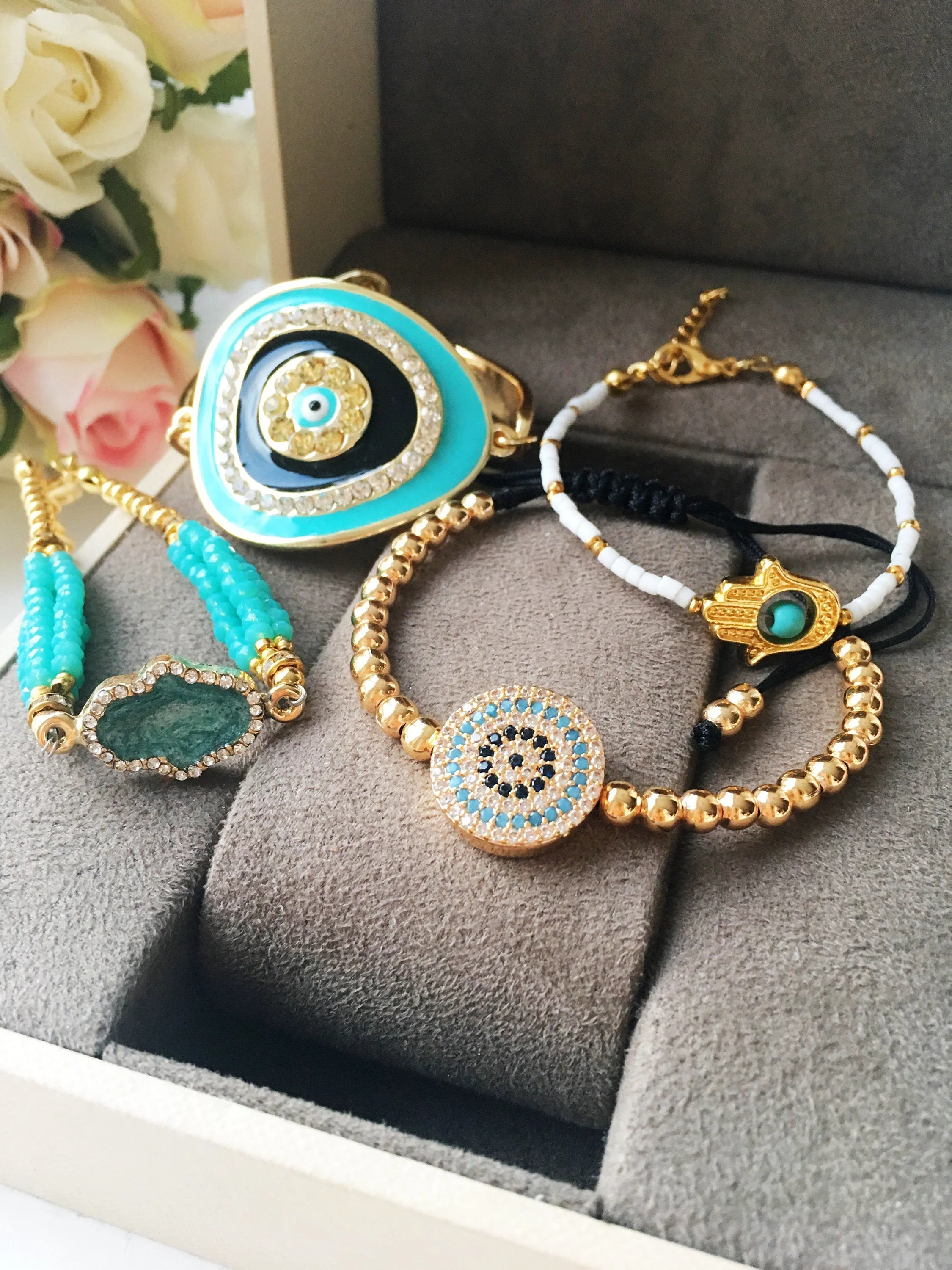 Adjustable Greek Evil Eye Bracelet with Turquoise Beads & Gold - Handmade Stainless Steel Jewelry with Hamsa & Miyuki Seed Beads