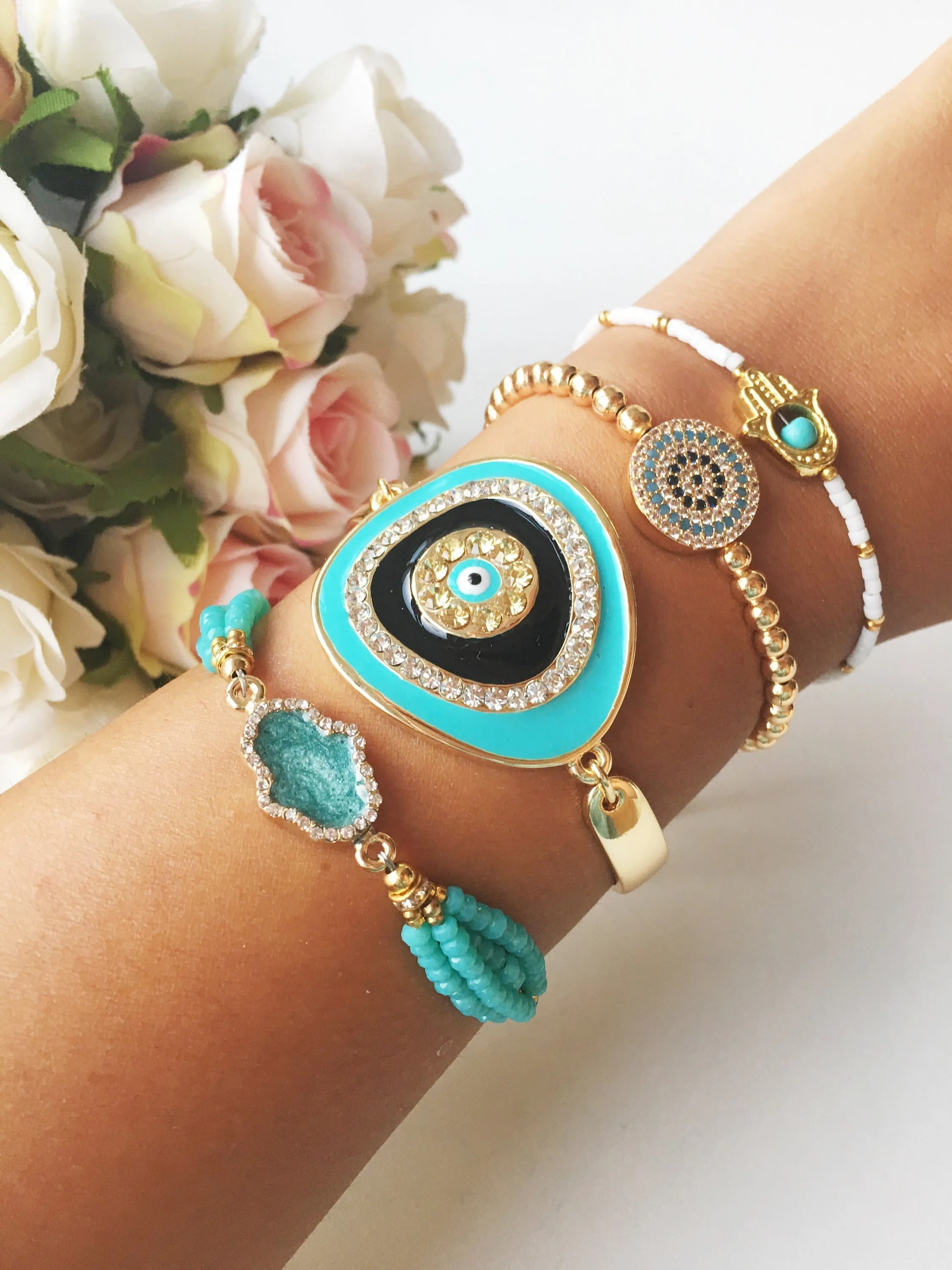 Adjustable Greek Evil Eye Bracelet with Turquoise Beads & Gold - Handmade Stainless Steel Jewelry with Hamsa & Miyuki Seed Beads