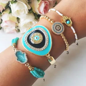 Adjustable Greek Evil Eye Bracelet with Turquoise Beads & Gold - Handmade Stainless Steel Jewelry with Hamsa & Miyuki Seed Beads