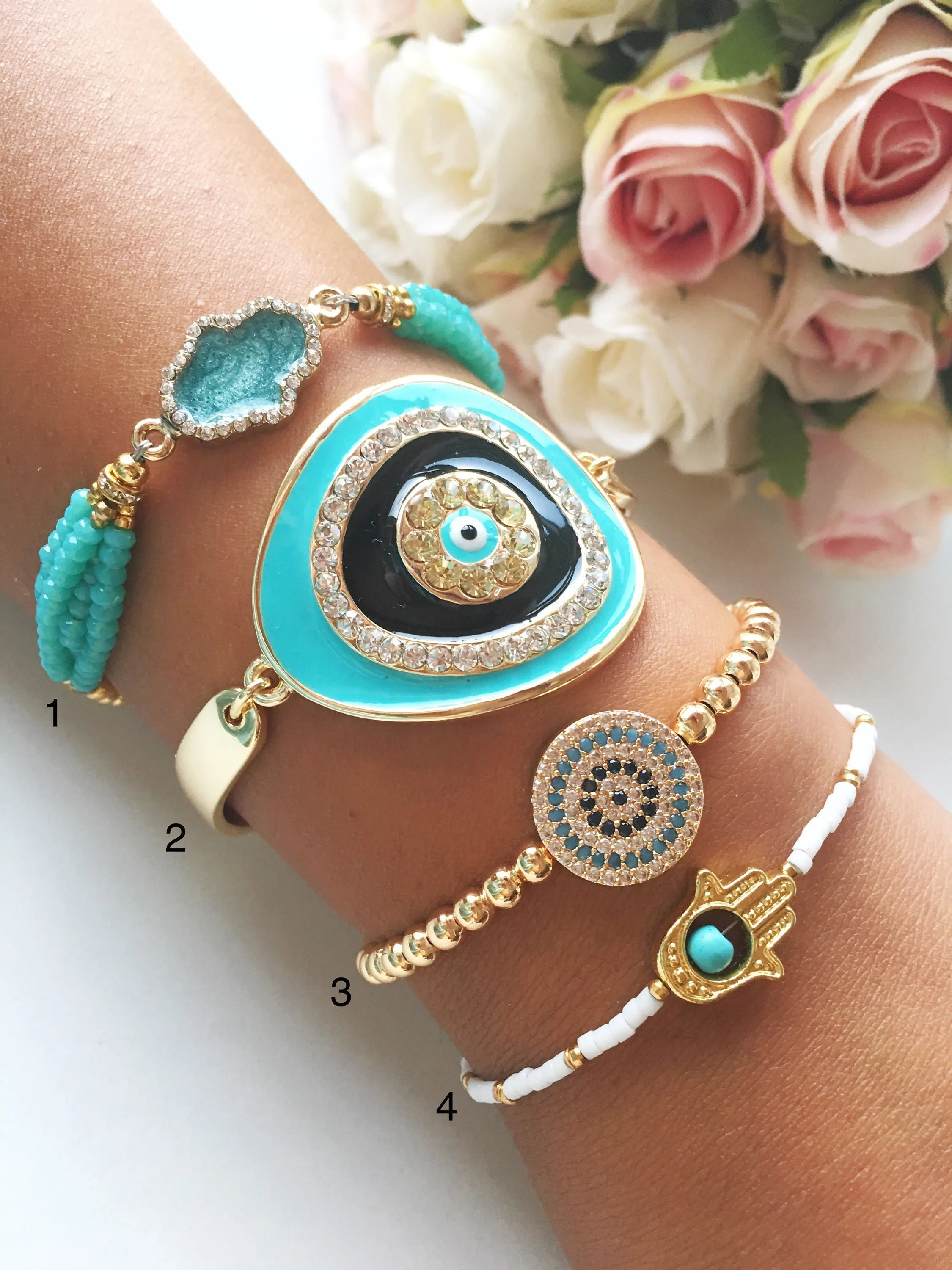 Adjustable Greek Evil Eye Bracelet with Turquoise Beads & Gold - Handmade Stainless Steel Jewelry with Hamsa & Miyuki Seed Beads