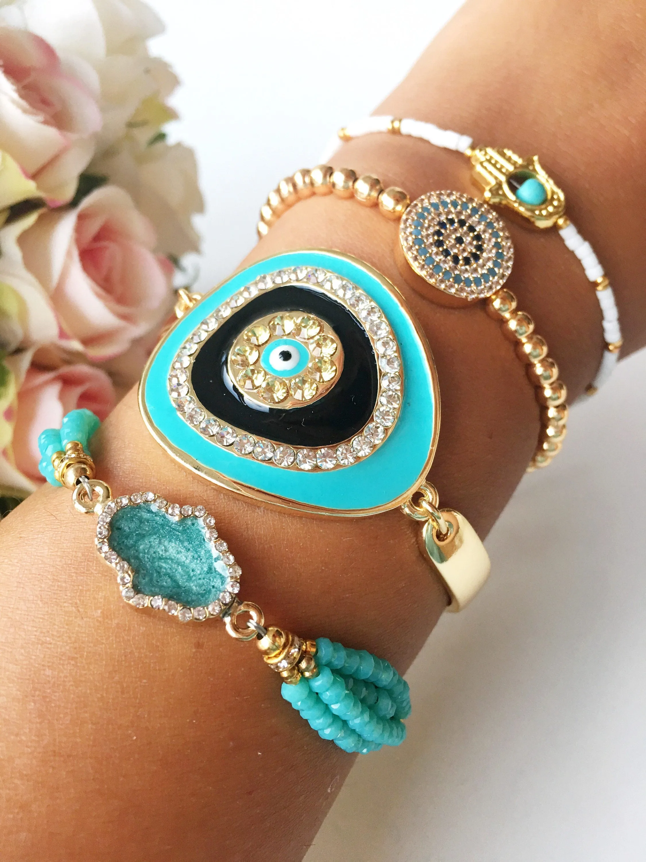 Adjustable Greek Evil Eye Bracelet with Turquoise Beads & Gold - Handmade Stainless Steel Jewelry with Hamsa & Miyuki Seed Beads