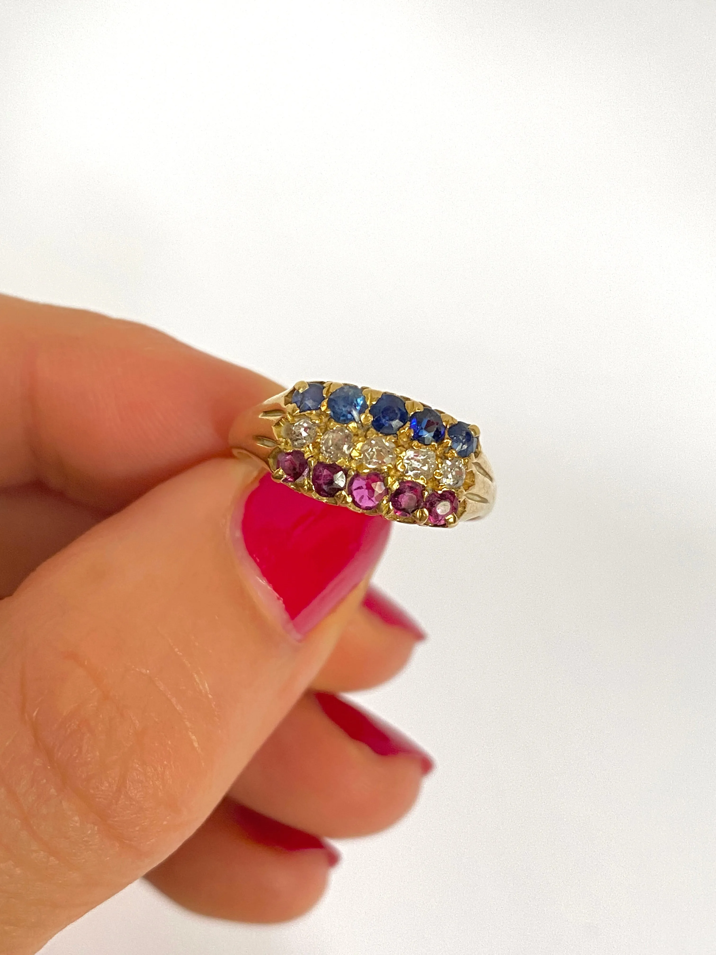 Art Deco, 18ct Gold Ruby, Sapphire and Diamond Triple Tricolour Ring, Hallmarked 18ct Gold