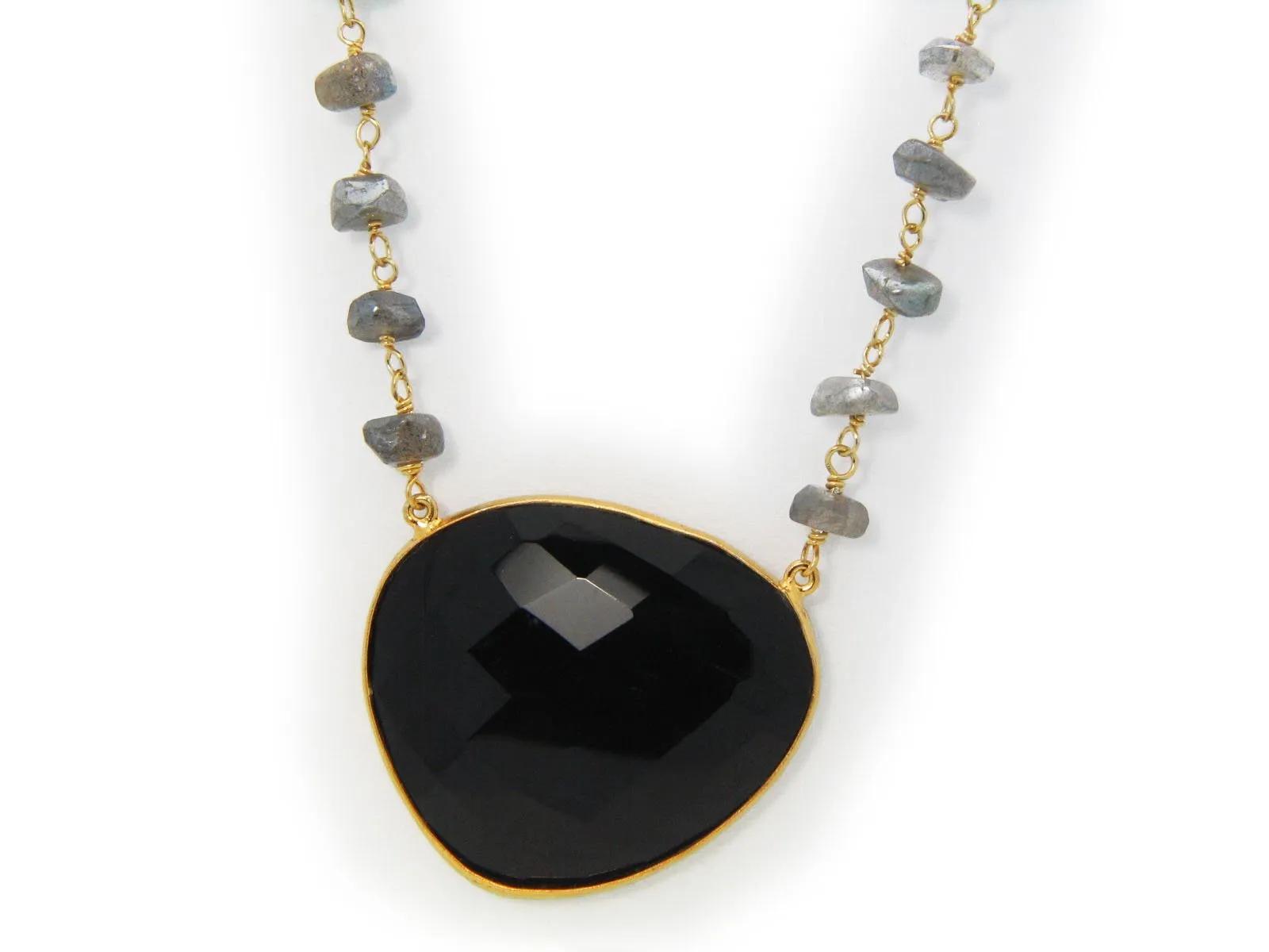 Black Onyx & Labradorite Sterling Silver Necklace, 16"