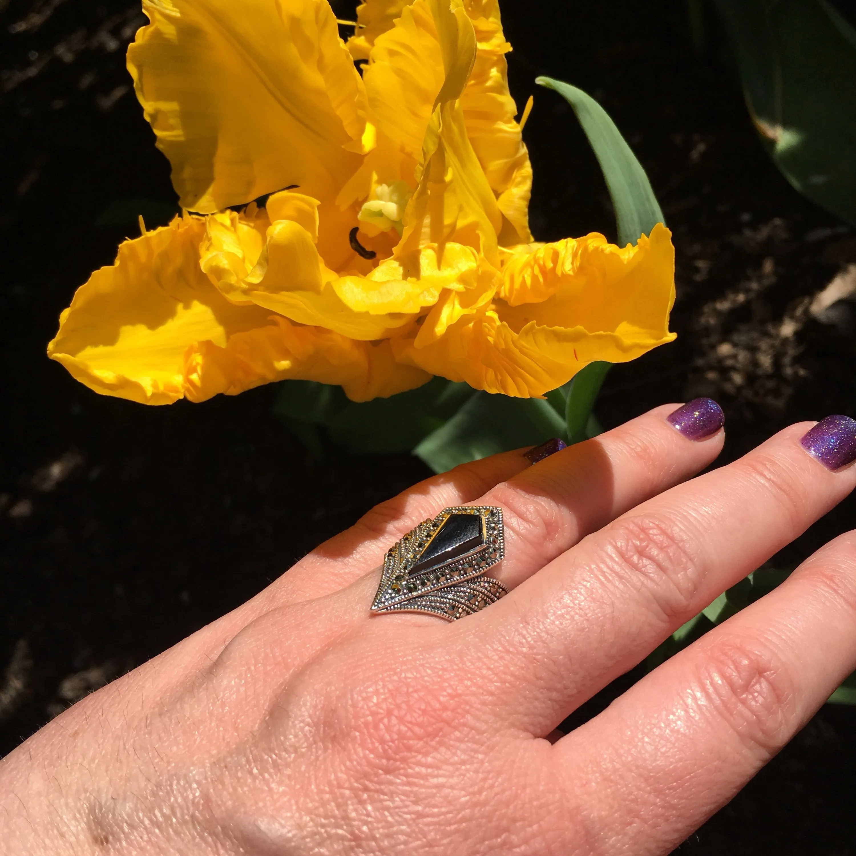 Black onyx Art Deco Ring Pointed
