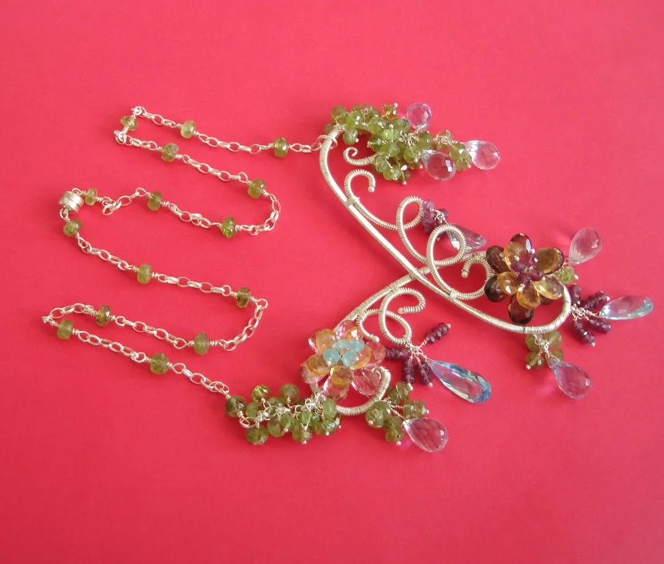 Blue Topaz Pink Amethyst Peridot Wire Wrapped Stones Necklace