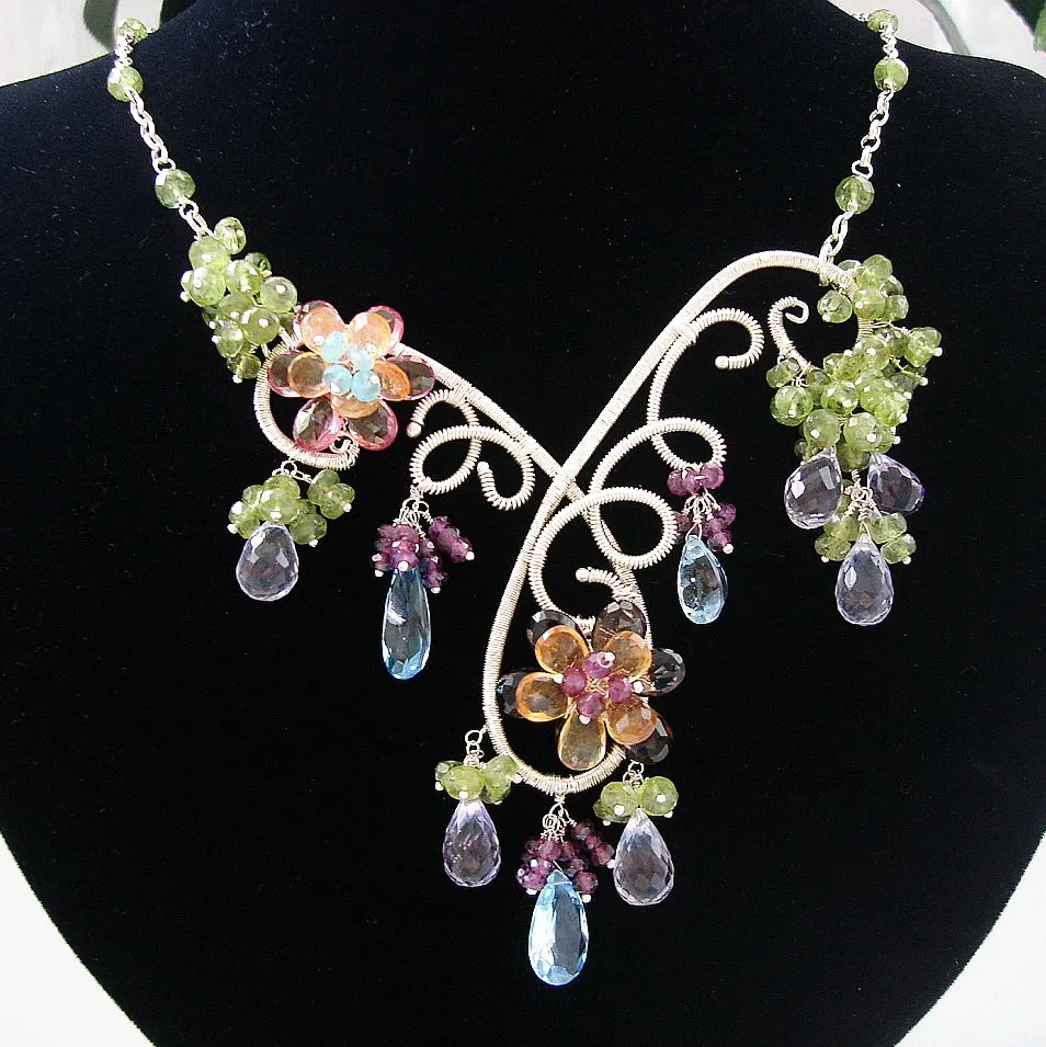 Blue Topaz Pink Amethyst Peridot Wire Wrapped Stones Necklace