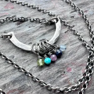 Customizable Sterling Silver Birthstone Necklace | Genuine Gem Charms on Hammered Curve Pendant