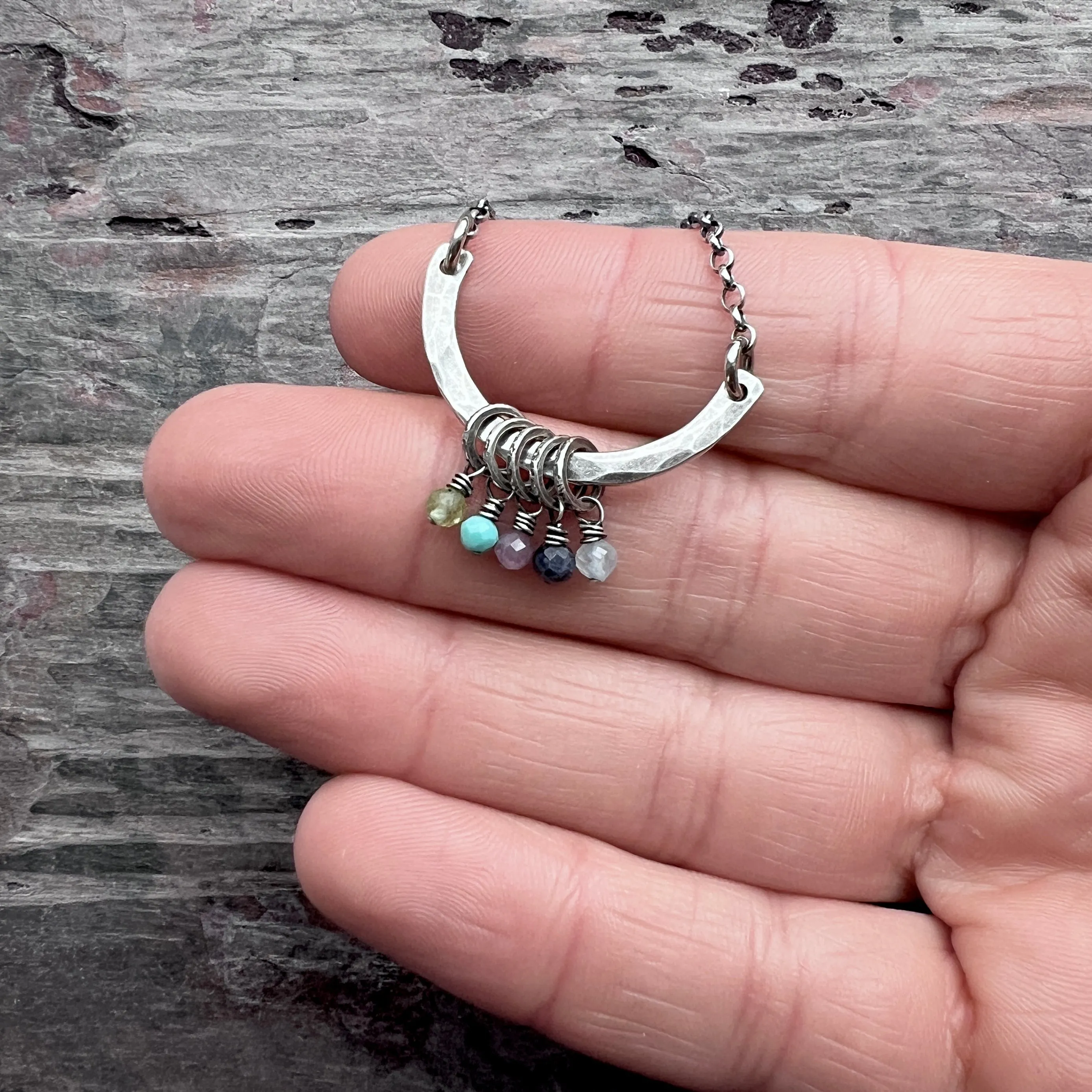 Customizable Sterling Silver Birthstone Necklace | Genuine Gem Charms on Hammered Curve Pendant