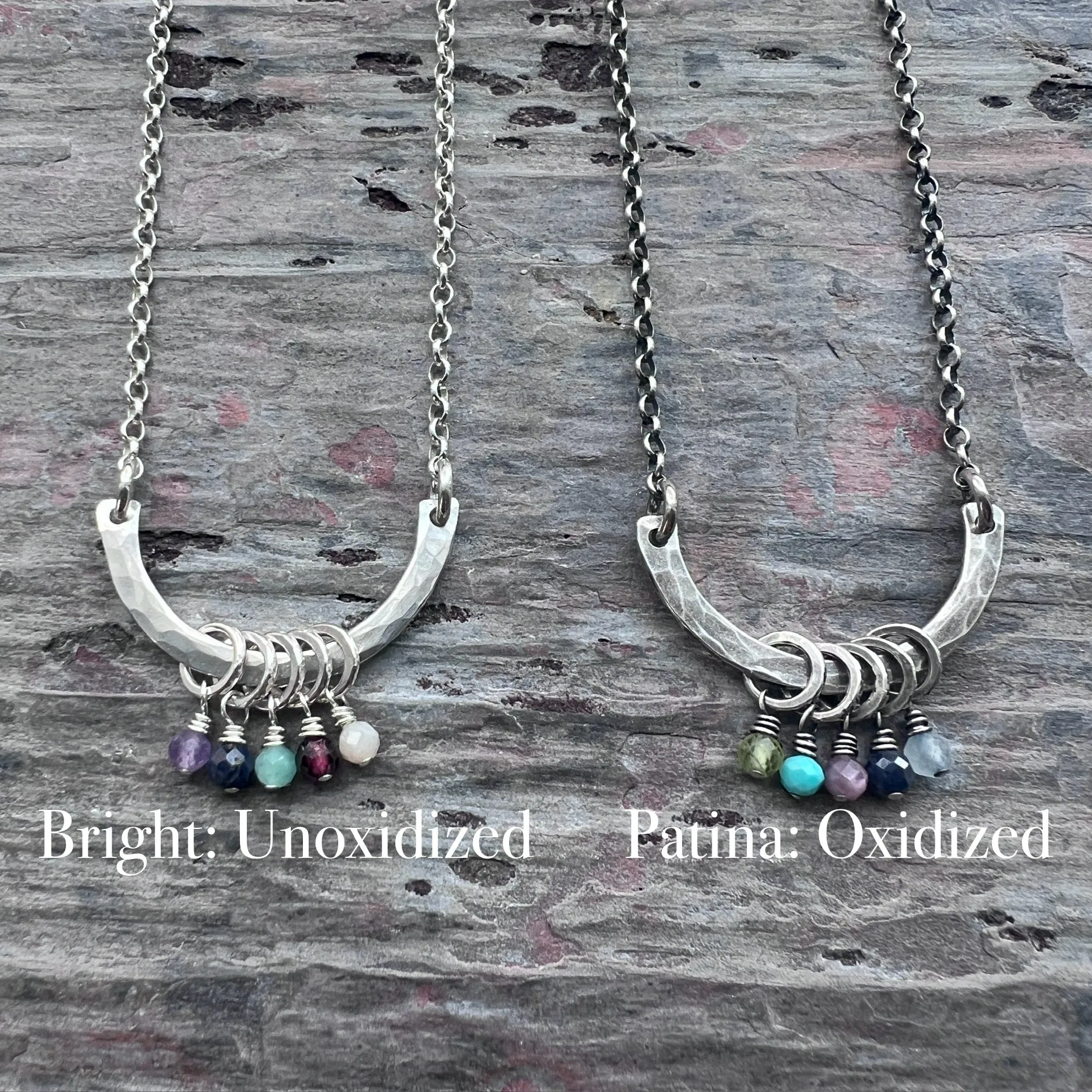 Customizable Sterling Silver Birthstone Necklace | Genuine Gem Charms on Hammered Curve Pendant
