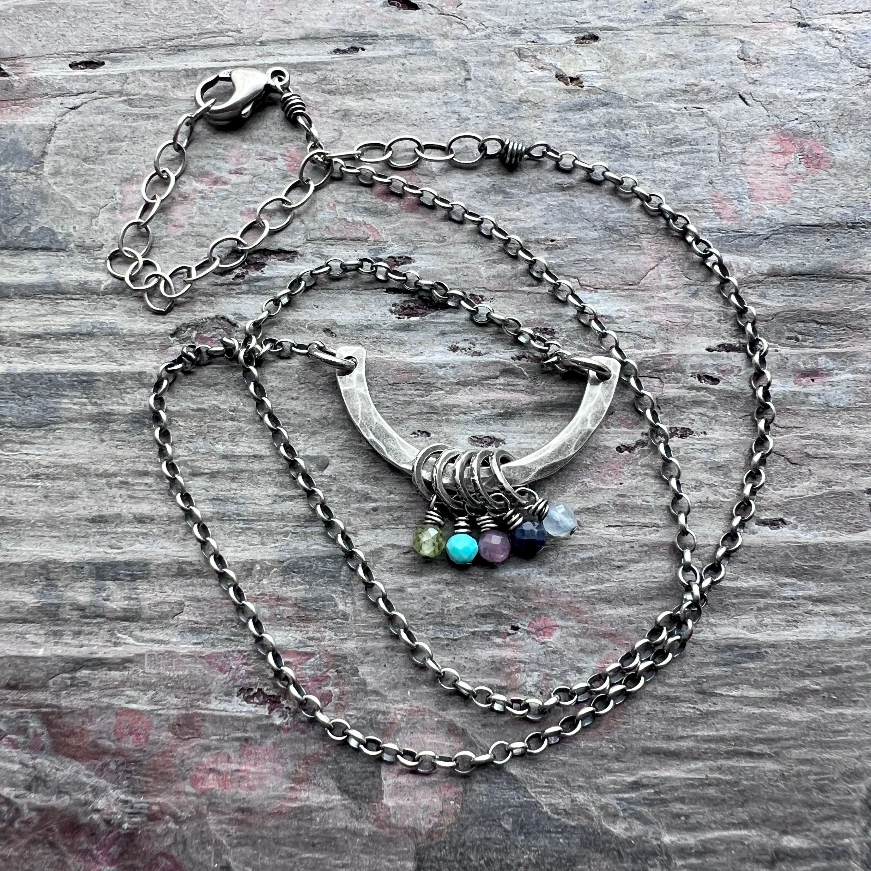 Customizable Sterling Silver Birthstone Necklace | Genuine Gem Charms on Hammered Curve Pendant