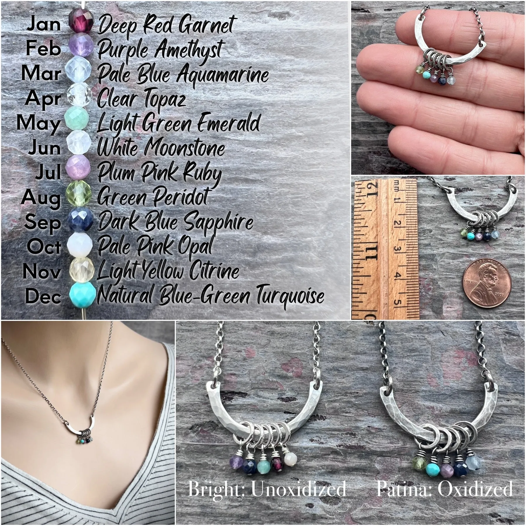 Customizable Sterling Silver Birthstone Necklace | Genuine Gem Charms on Hammered Curve Pendant