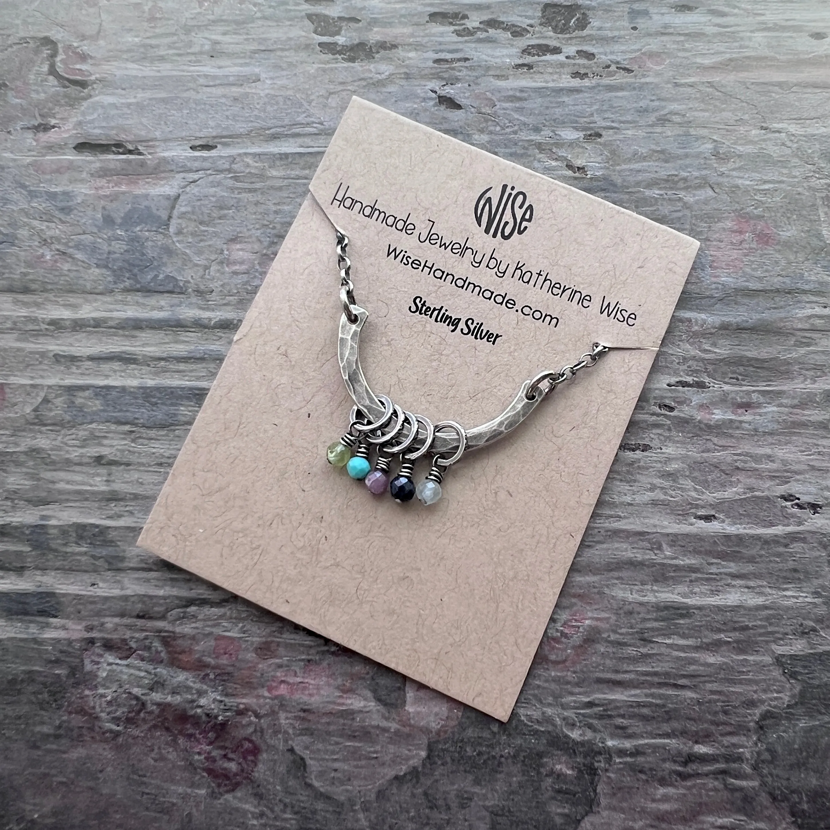 Customizable Sterling Silver Birthstone Necklace | Genuine Gem Charms on Hammered Curve Pendant