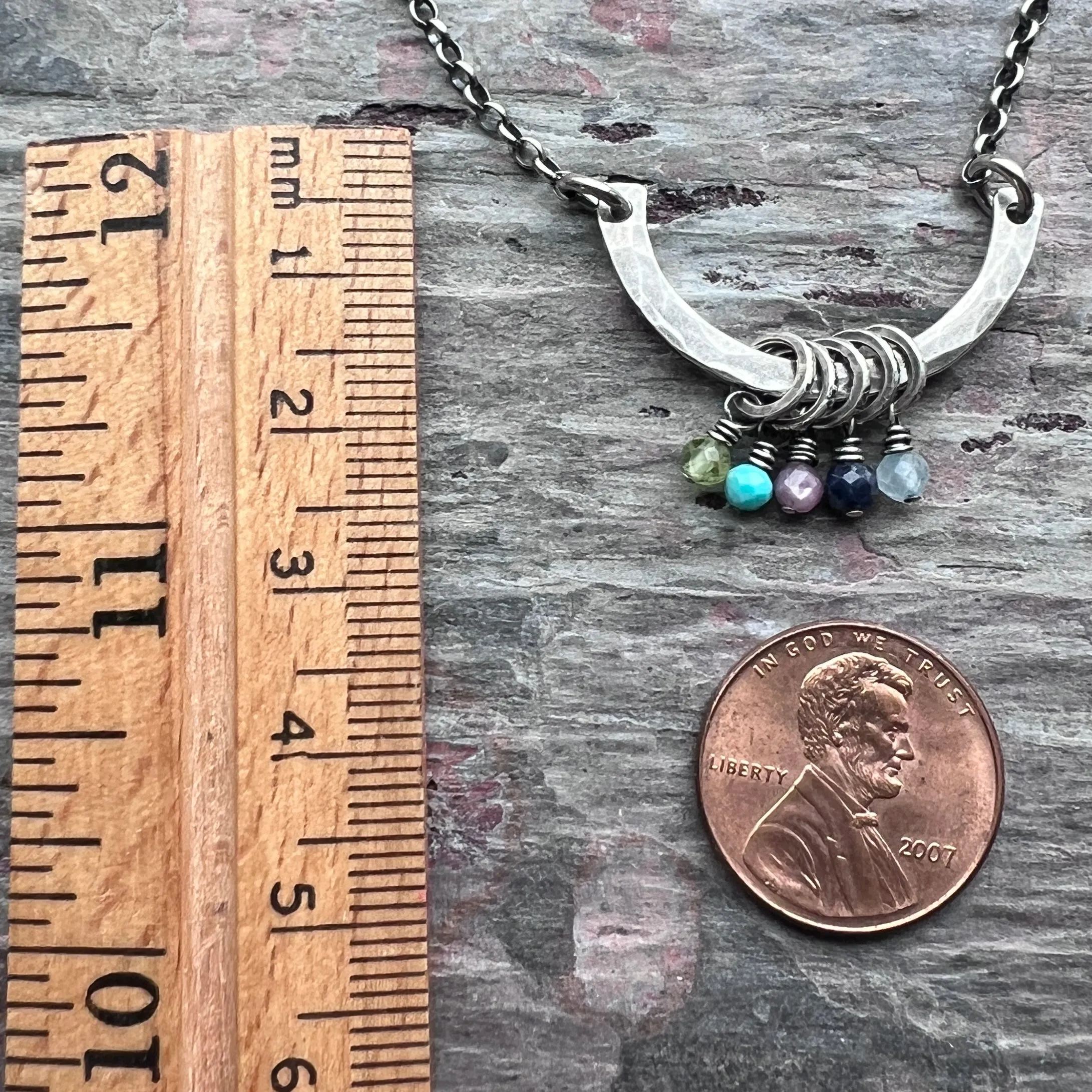 Customizable Sterling Silver Birthstone Necklace | Genuine Gem Charms on Hammered Curve Pendant