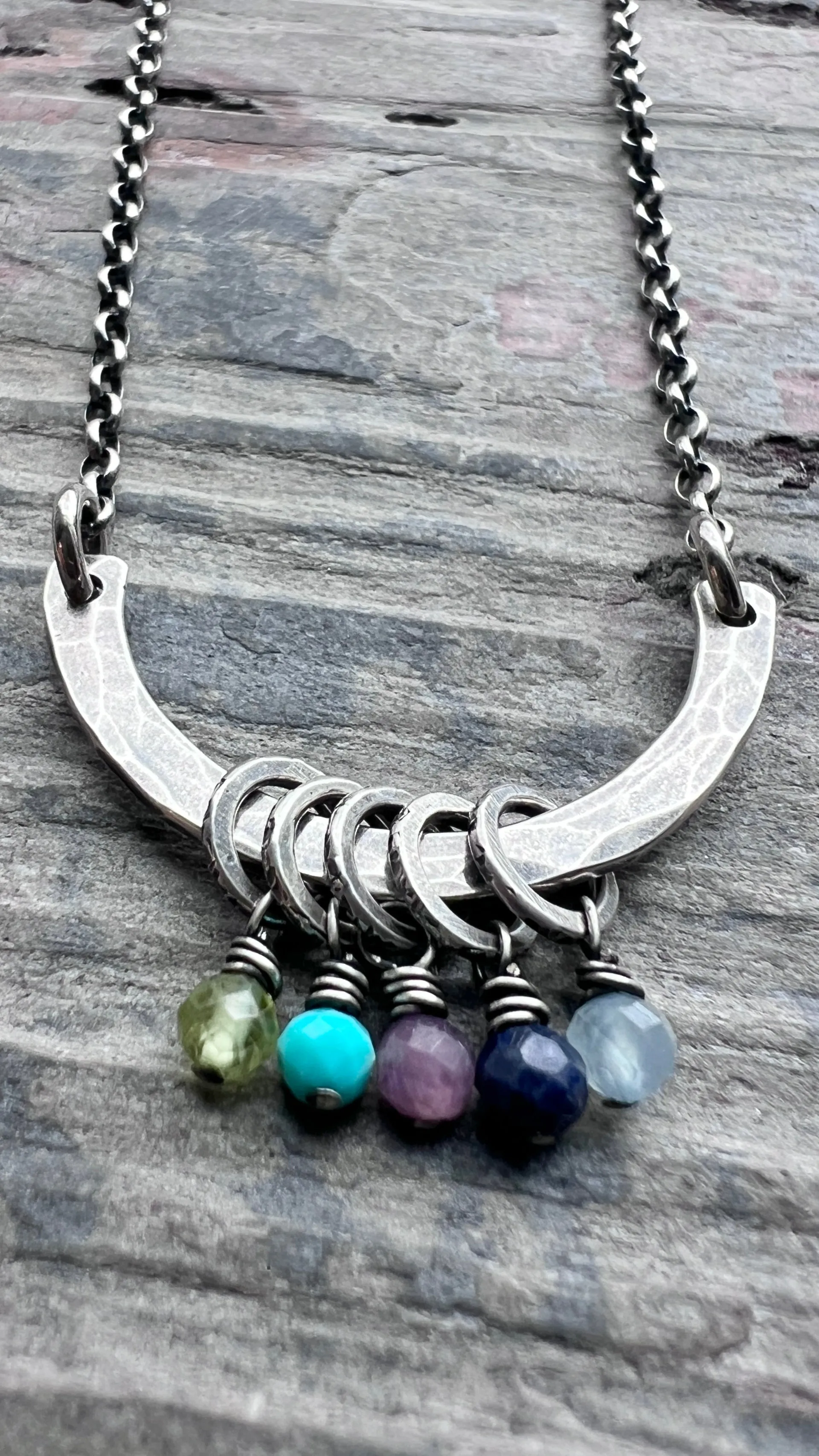 Customizable Sterling Silver Birthstone Necklace | Genuine Gem Charms on Hammered Curve Pendant
