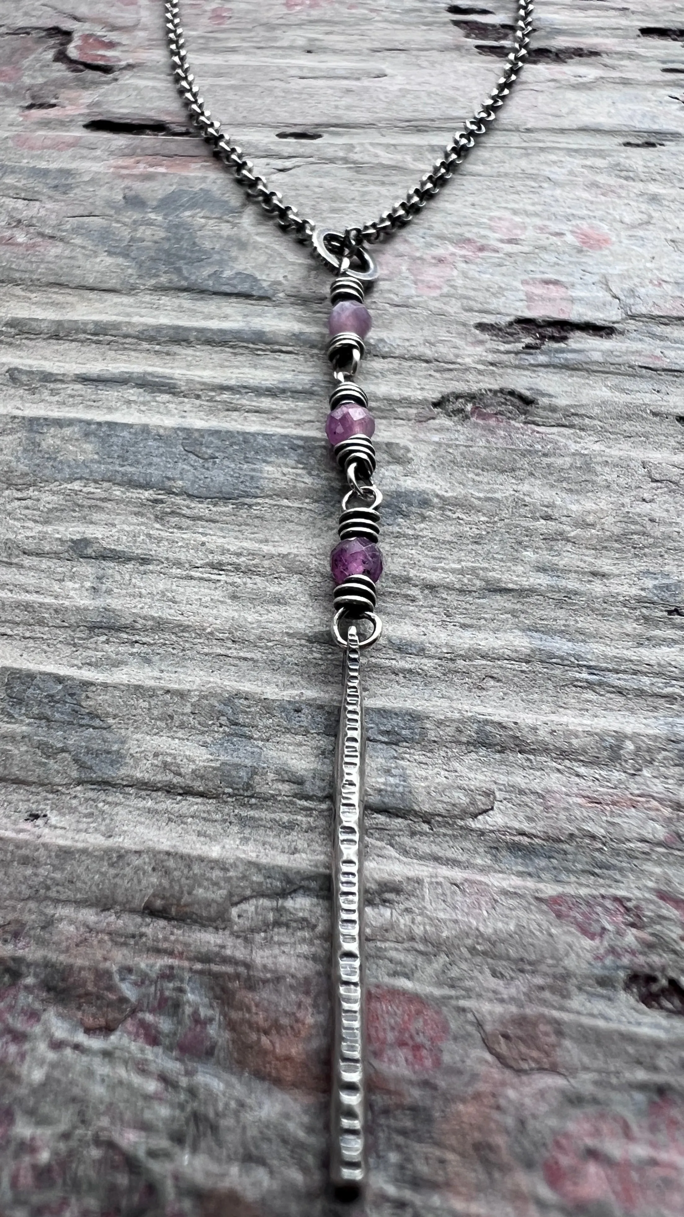 Customizable Sterling Silver Birthstone Necklace | Genuine Gemstone and Dainty Hammered Bar Pendant