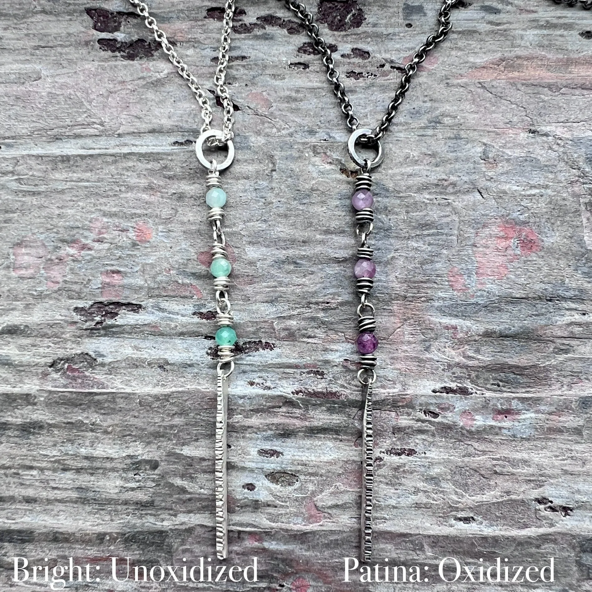 Customizable Sterling Silver Birthstone Necklace | Genuine Gemstone and Dainty Hammered Bar Pendant