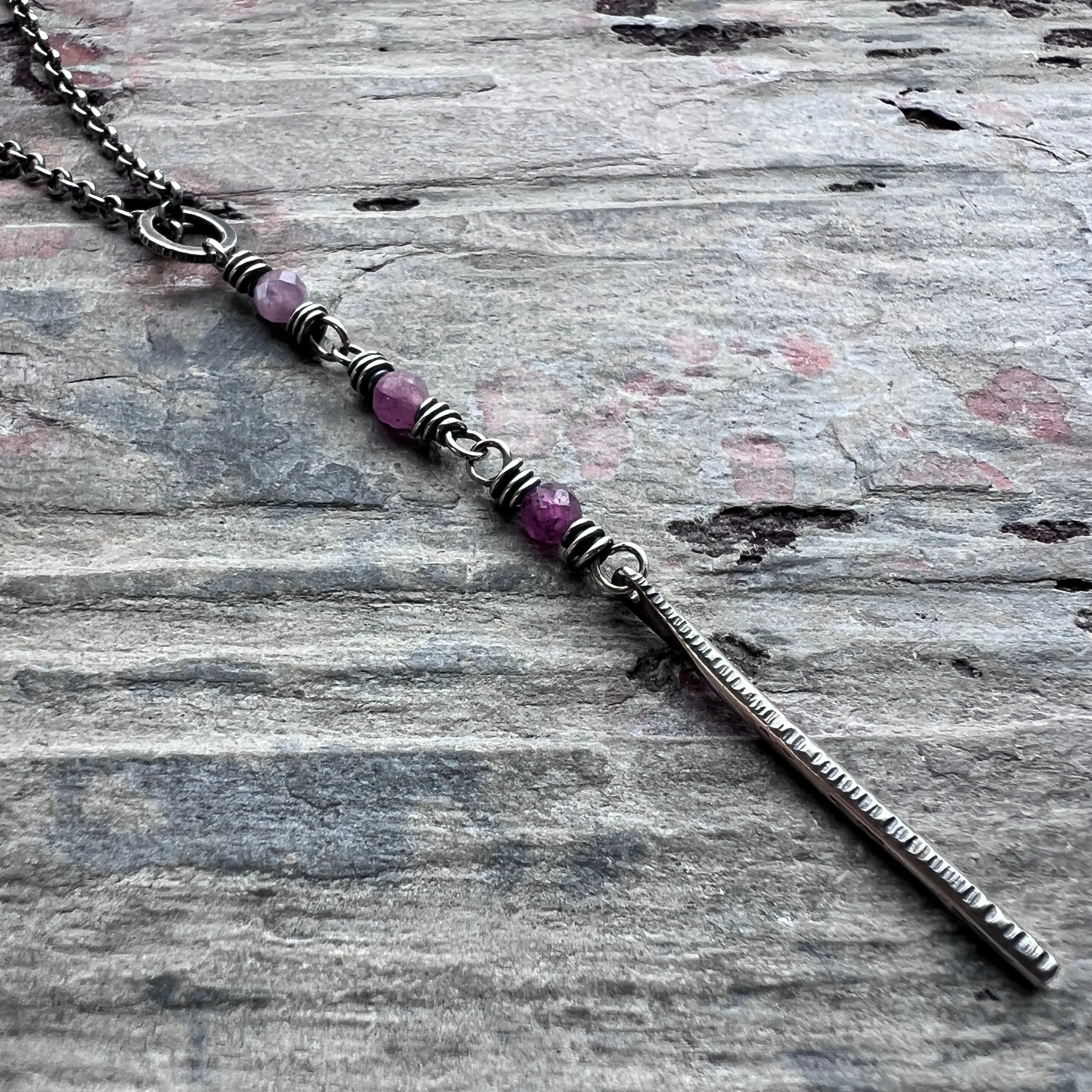 Customizable Sterling Silver Birthstone Necklace | Genuine Gemstone and Dainty Hammered Bar Pendant