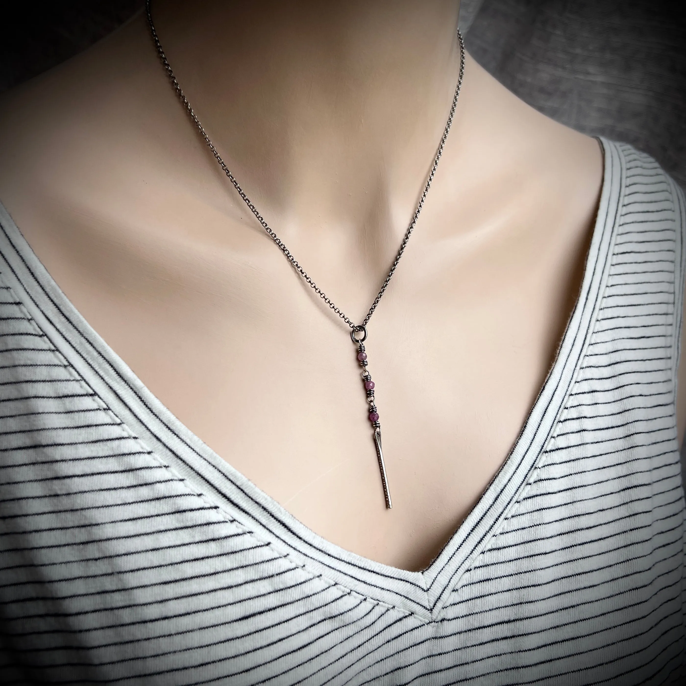 Customizable Sterling Silver Birthstone Necklace | Genuine Gemstone and Dainty Hammered Bar Pendant