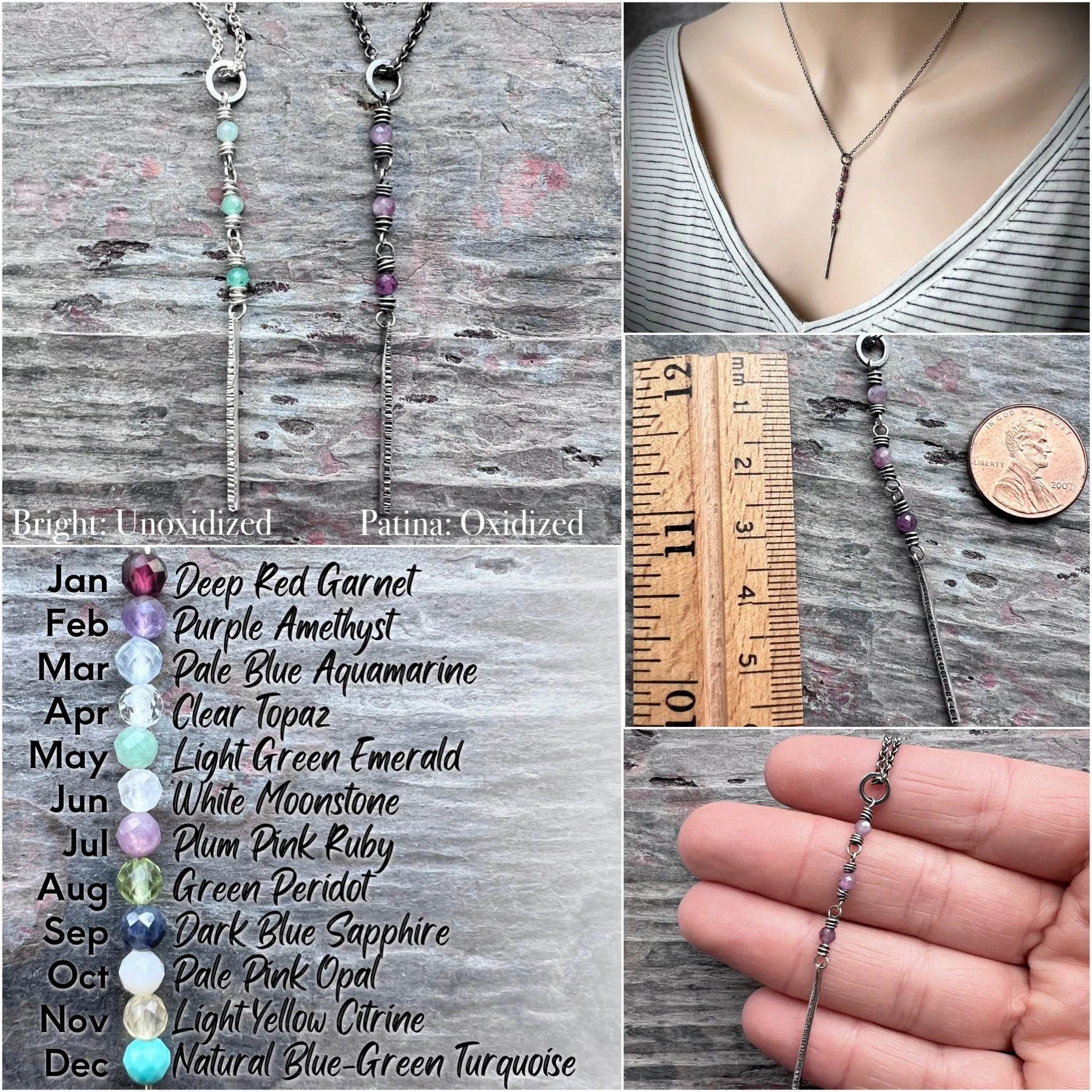 Customizable Sterling Silver Birthstone Necklace | Genuine Gemstone and Dainty Hammered Bar Pendant
