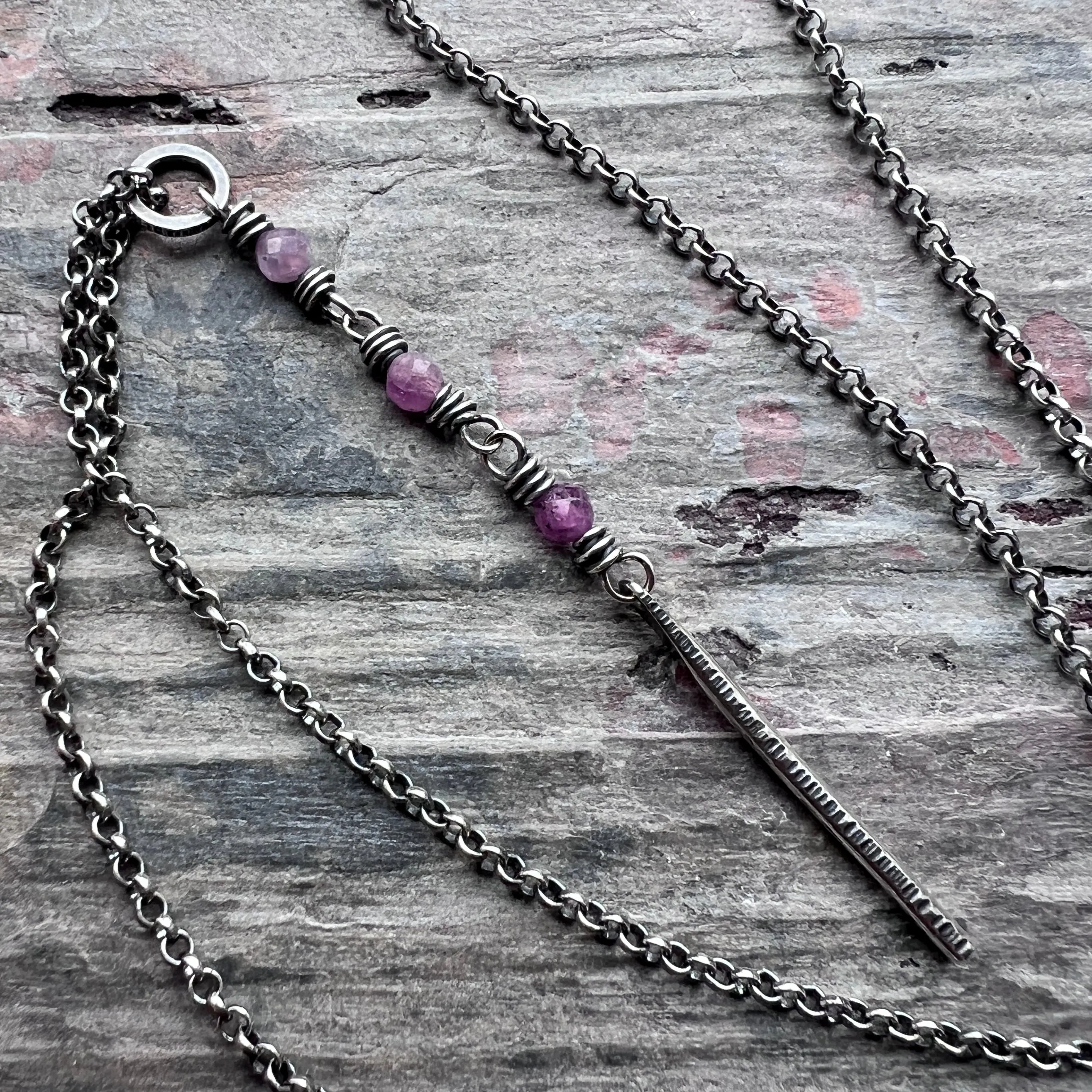Customizable Sterling Silver Birthstone Necklace | Genuine Gemstone and Dainty Hammered Bar Pendant