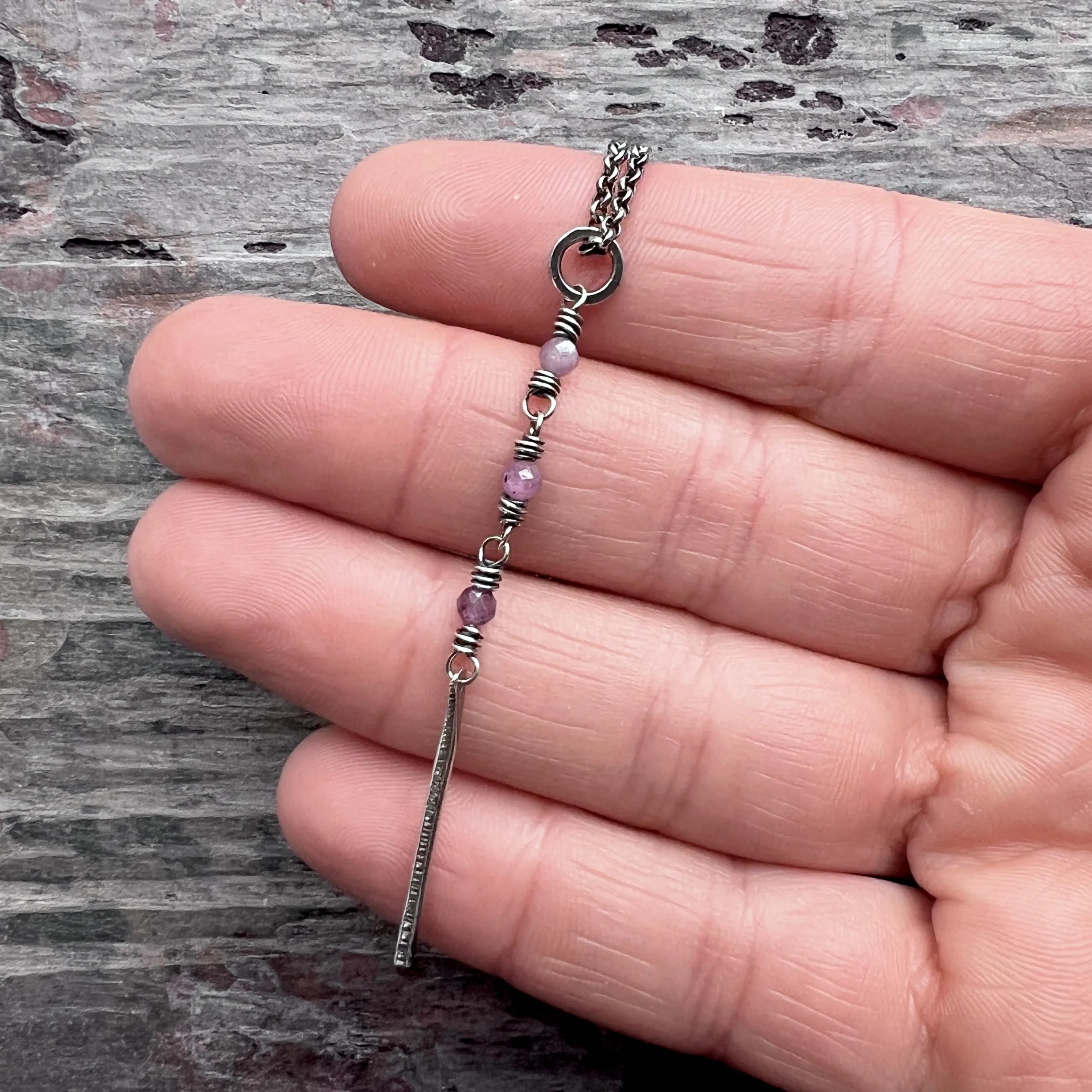 Customizable Sterling Silver Birthstone Necklace | Genuine Gemstone and Dainty Hammered Bar Pendant